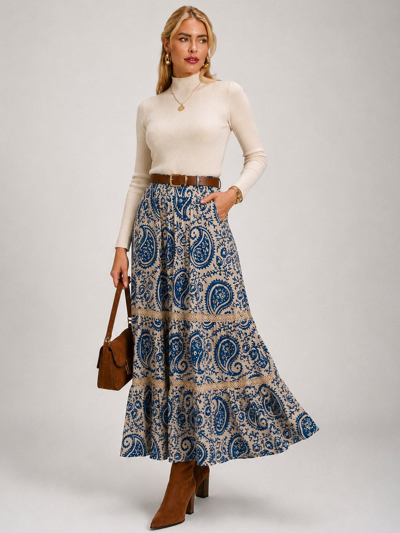 Image 6 of 6 of Jolie Moi Lace Trim Tiered Maxi Skirt - Blue