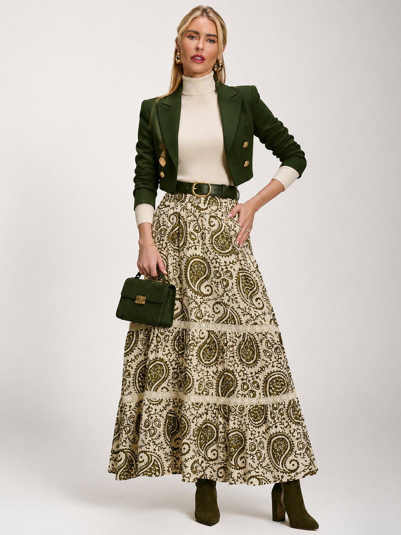 Image 1 of 6 of Jolie Moi Lace Trim Tiered Maxi Skirt - Green
