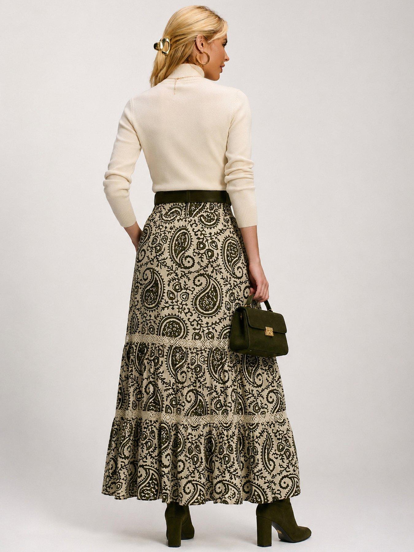 Image 2 of 6 of Jolie Moi Lace Trim Tiered Maxi Skirt - Green
