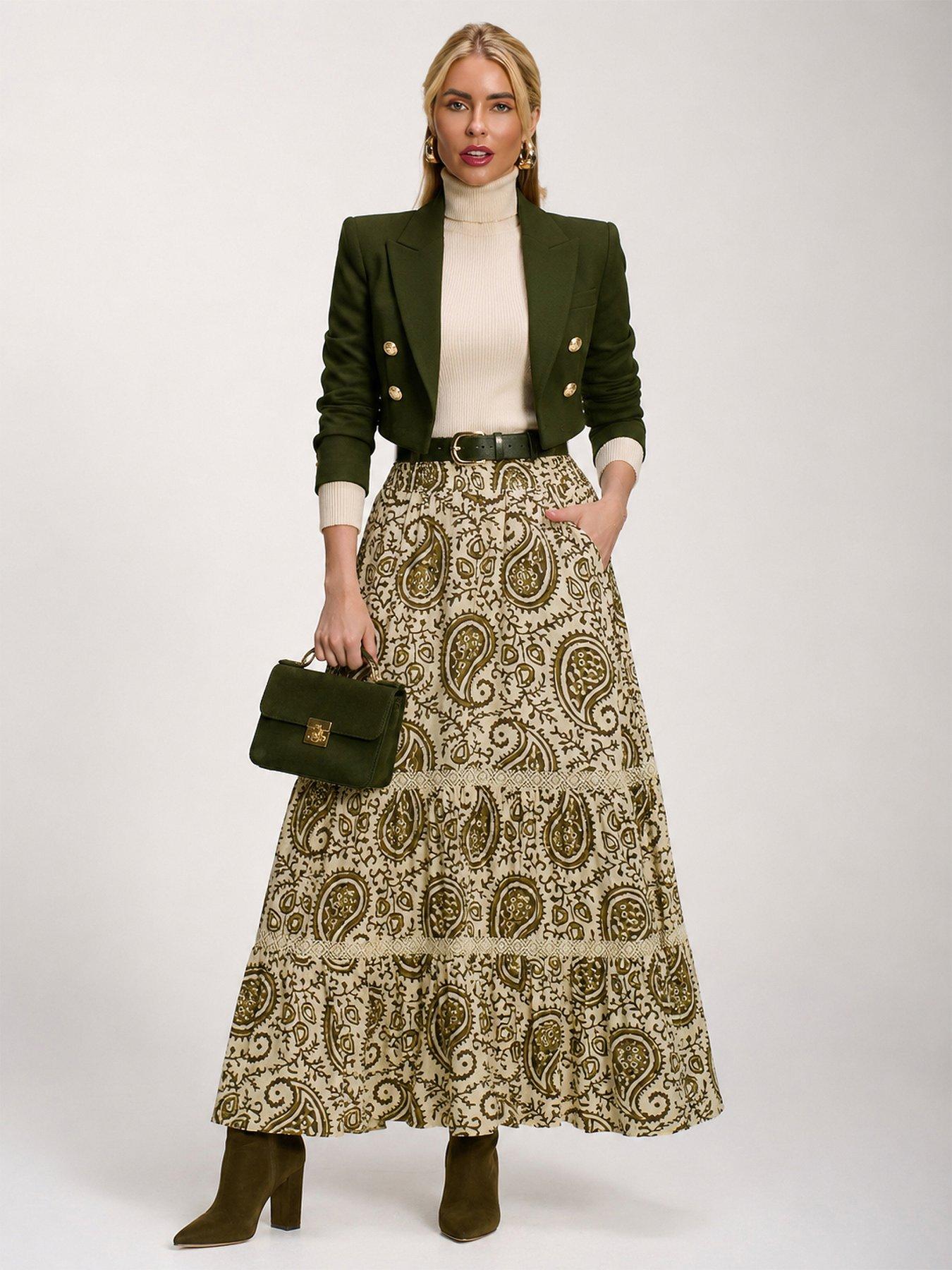 Image 3 of 6 of Jolie Moi Lace Trim Tiered Maxi Skirt - Green