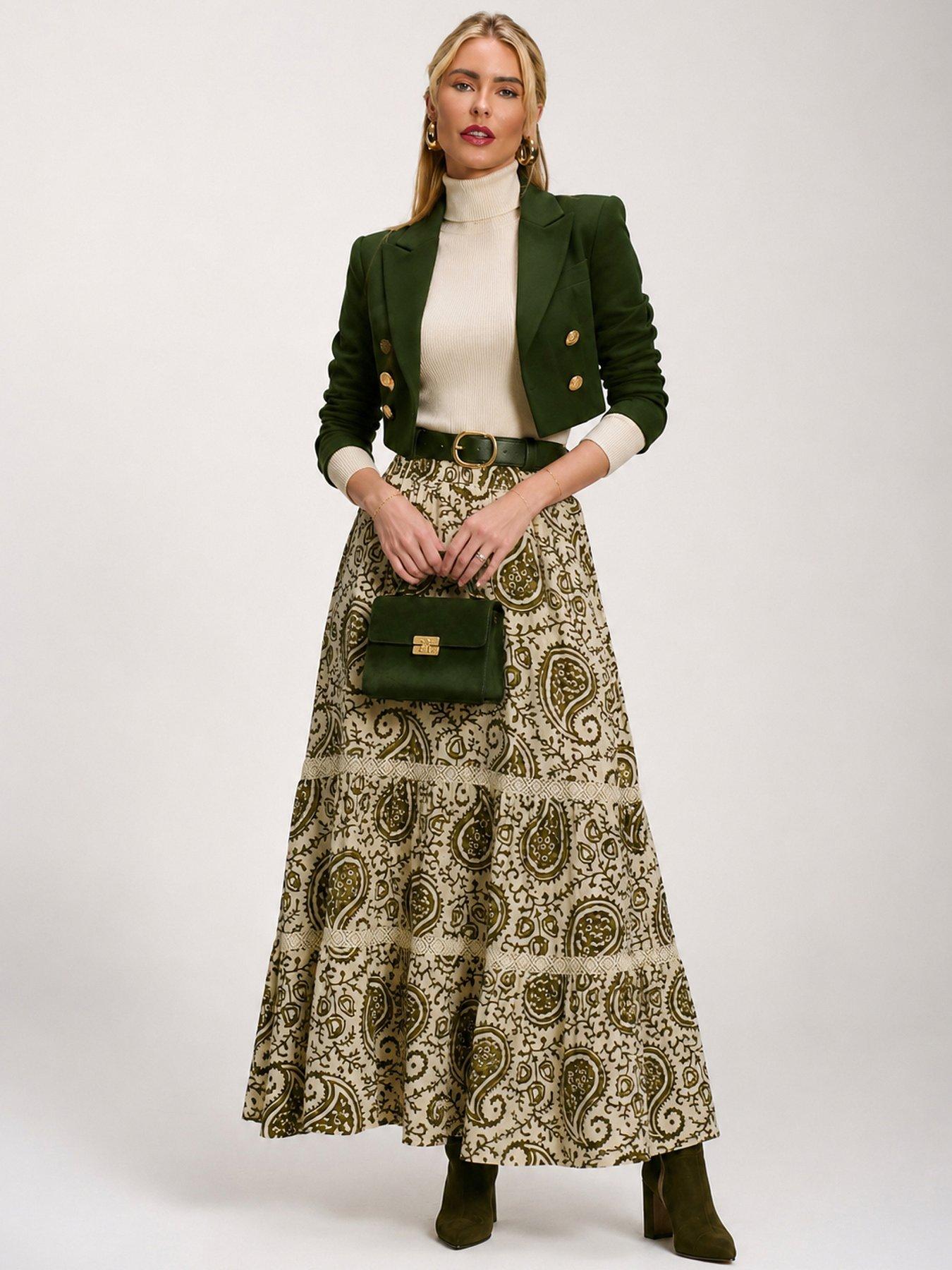 Image 5 of 6 of Jolie Moi Lace Trim Tiered Maxi Skirt - Green