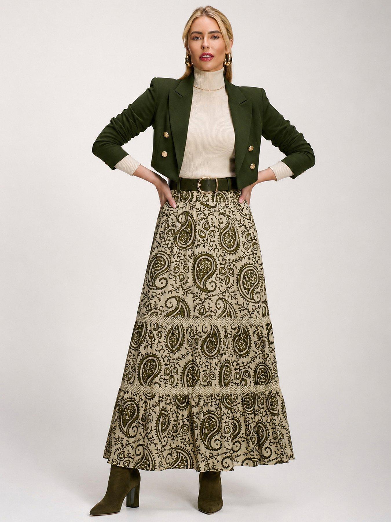 Image 6 of 6 of Jolie Moi Lace Trim Tiered Maxi Skirt - Green