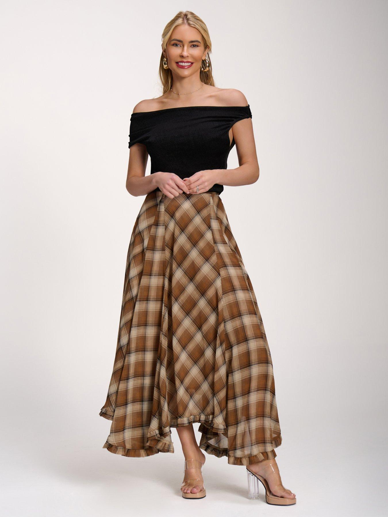 Jolie Moi Checked Chiffon Hanky Hem Maxi Skirt - Brown