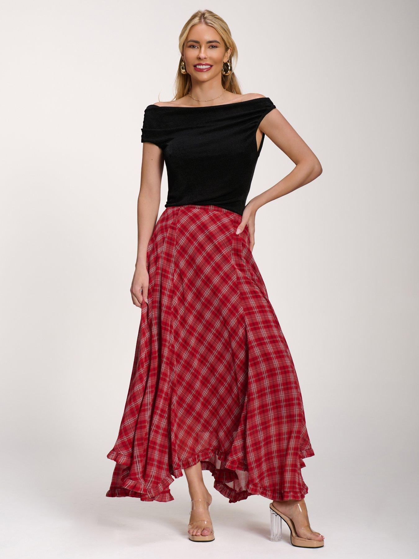 Jolie Moi Checked Chiffon Hanky Hem Maxi Skirt - Red