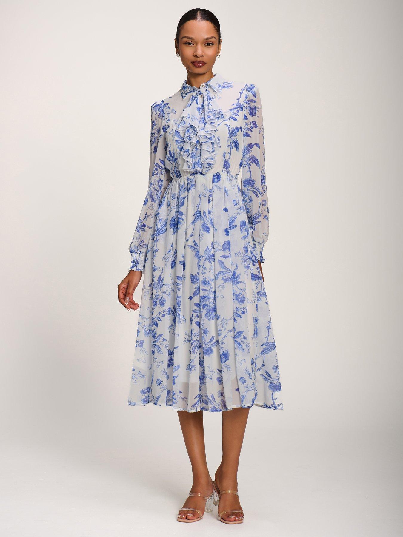 Jolie Moi Chiffon Print Ruffled Shirt Dress - White