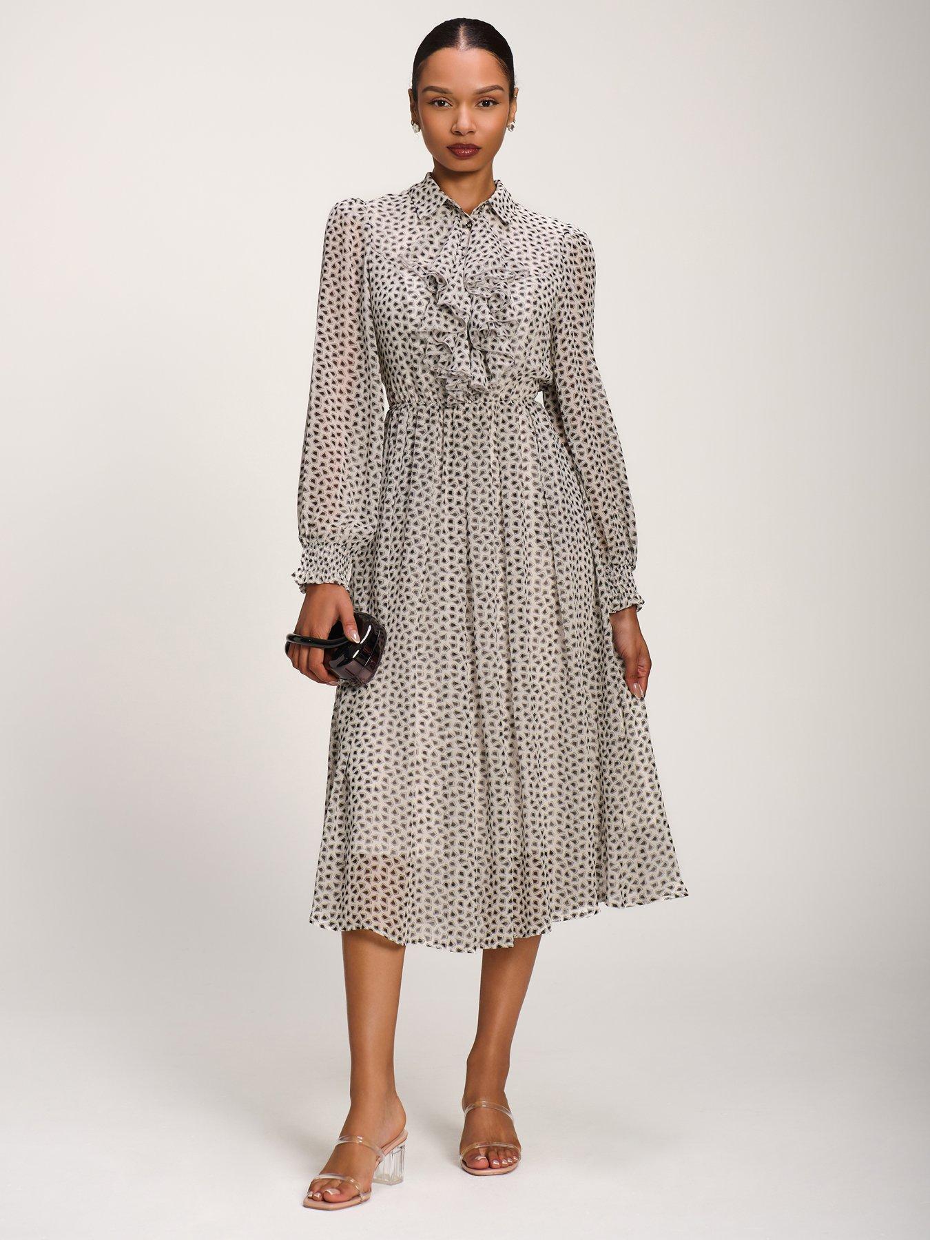 Jolie Moi Chiffon Ruffle Long Sleeve Shirt Dress - White