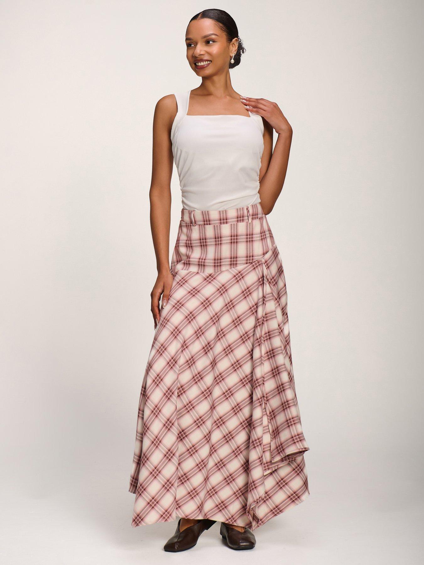 Jolie Moi Asymmetric Check Maxi Skirt - Pink