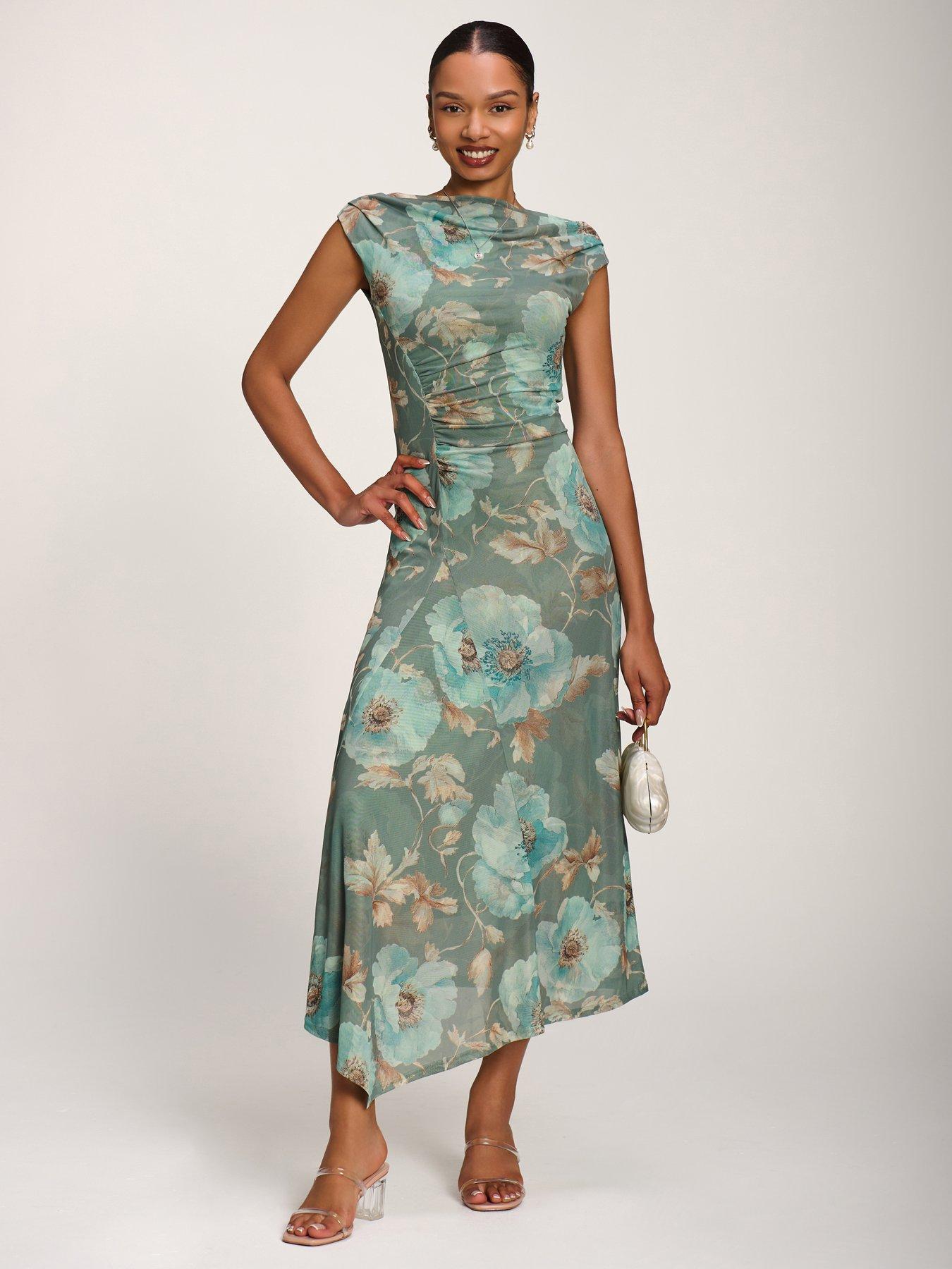 Jolie Moi Asymmetric Draped Mesh Midaxi Dress - Green