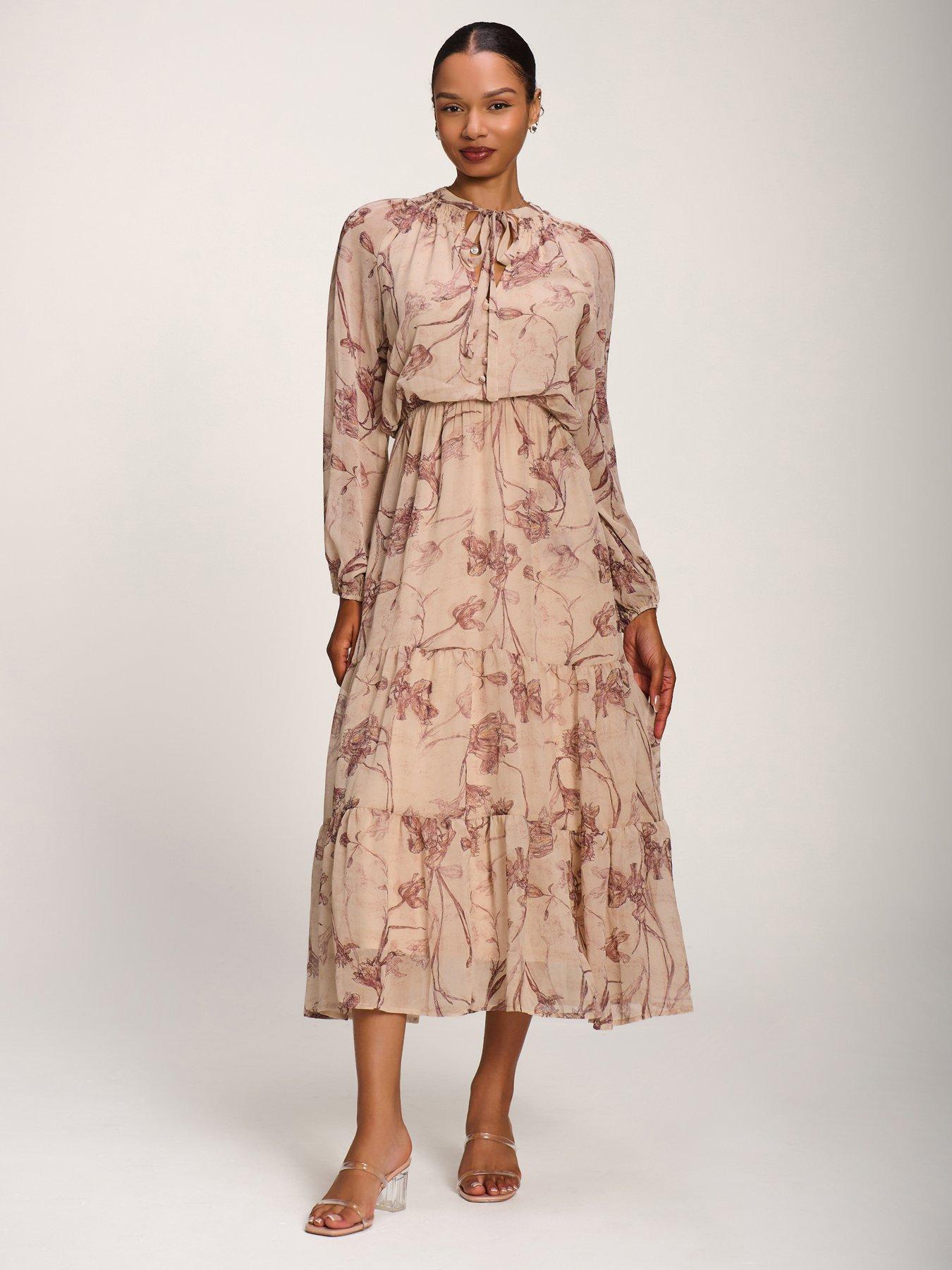 Jolie Moi Chiffon Tie Neckline Midaxi Dress - Brown