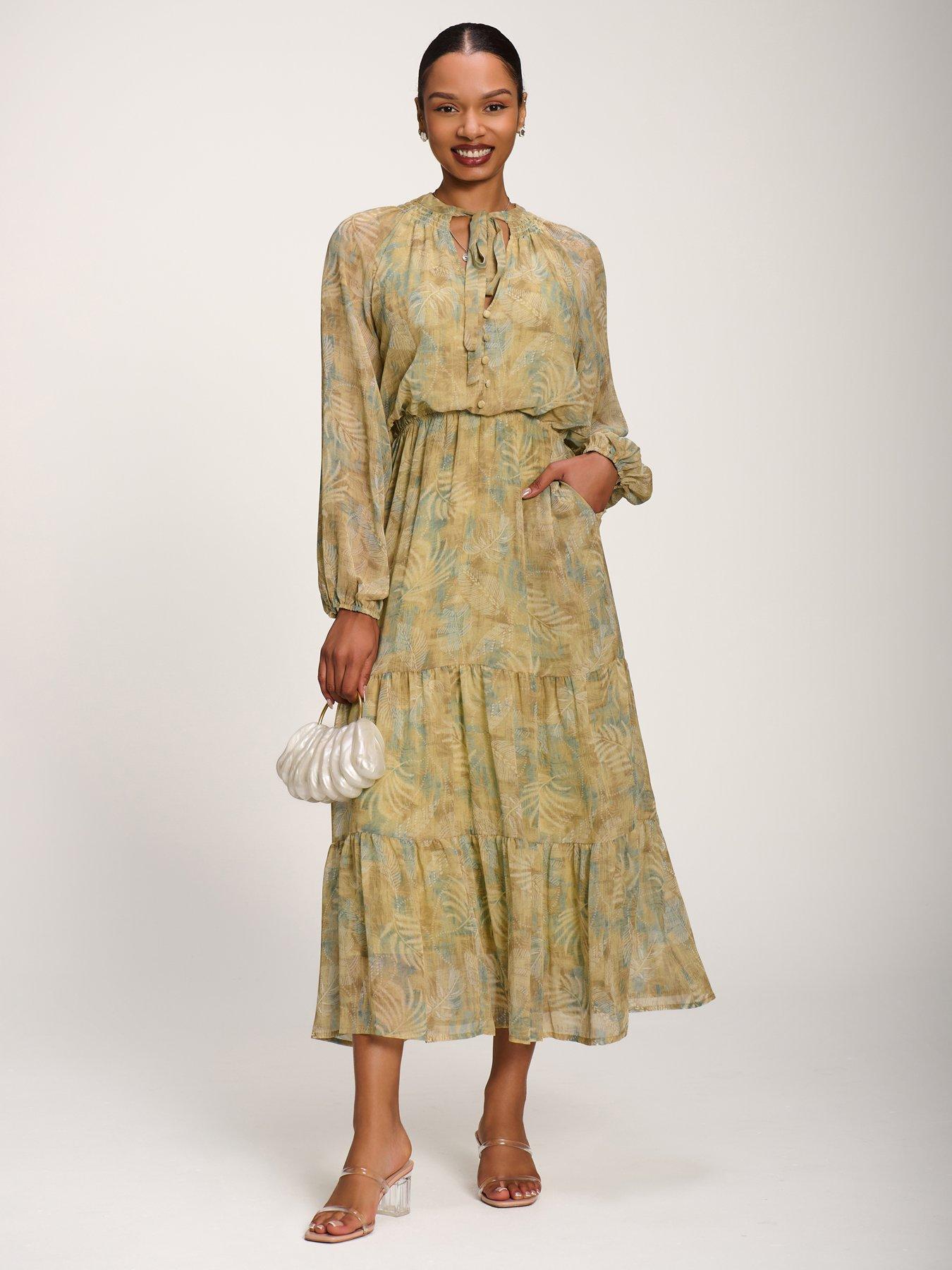 Jolie Moi Chiffon Tie Neckline Midaxi Dress - Green
