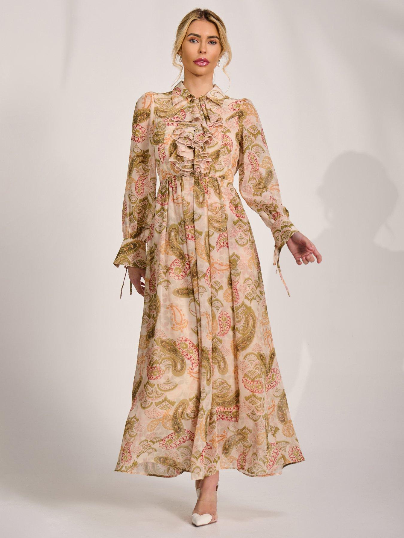 Jolie Moi Long Sleeve Ruffle Chiffon Shirt Maxi Dress