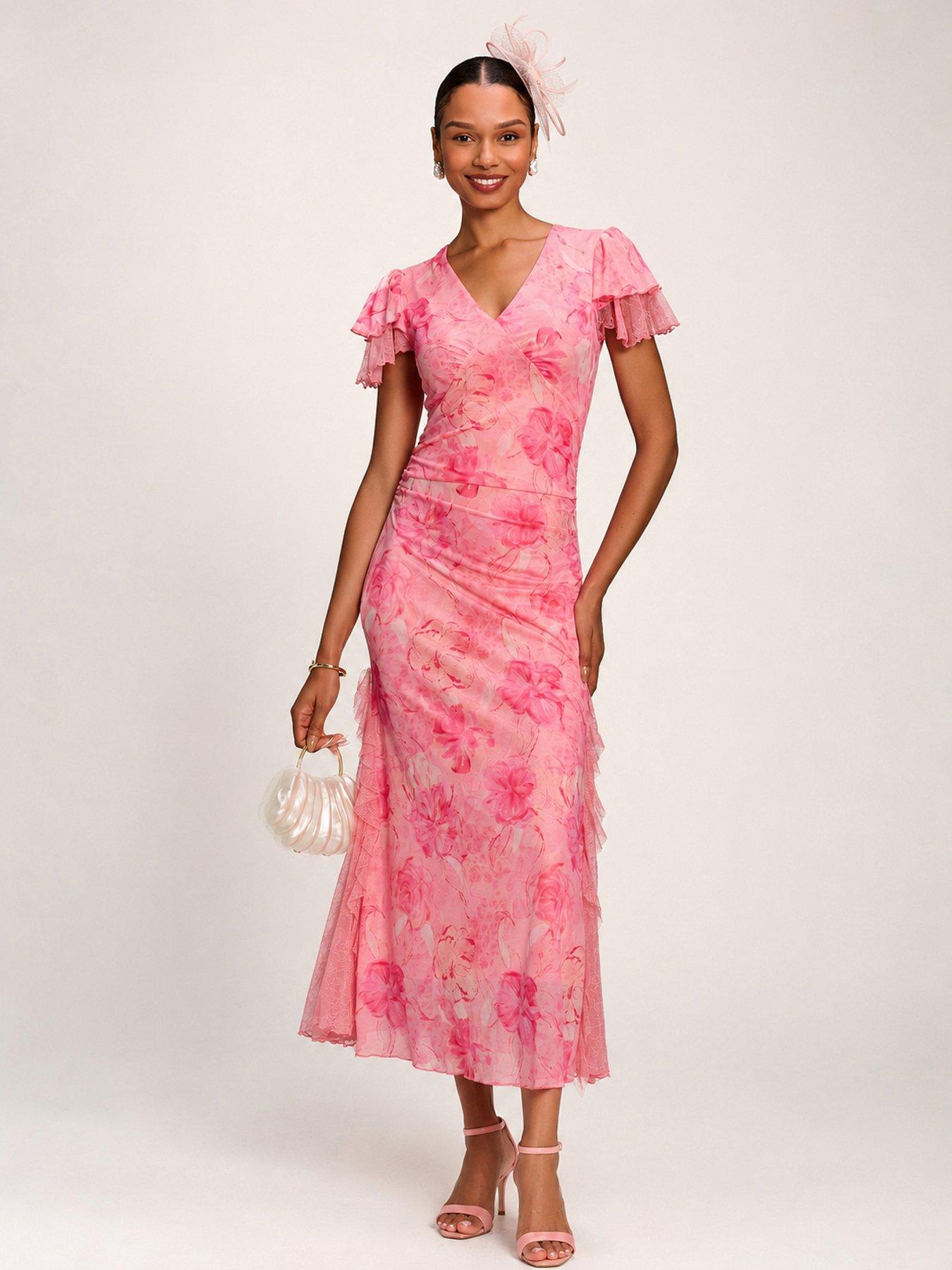 Jolie Moi Lace Insert Mesh Midi Dress - Pink