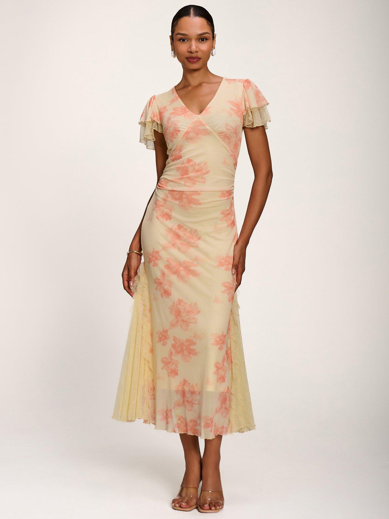 Jolie Moi Lace Insert Mesh Midi Dress - Orange