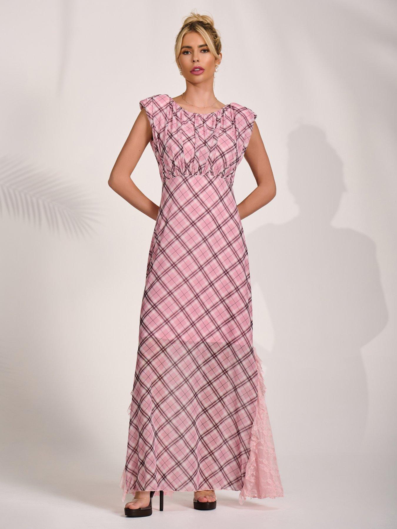 Jolie Moi Lace Insert Mesh Maxi Dress - Pink