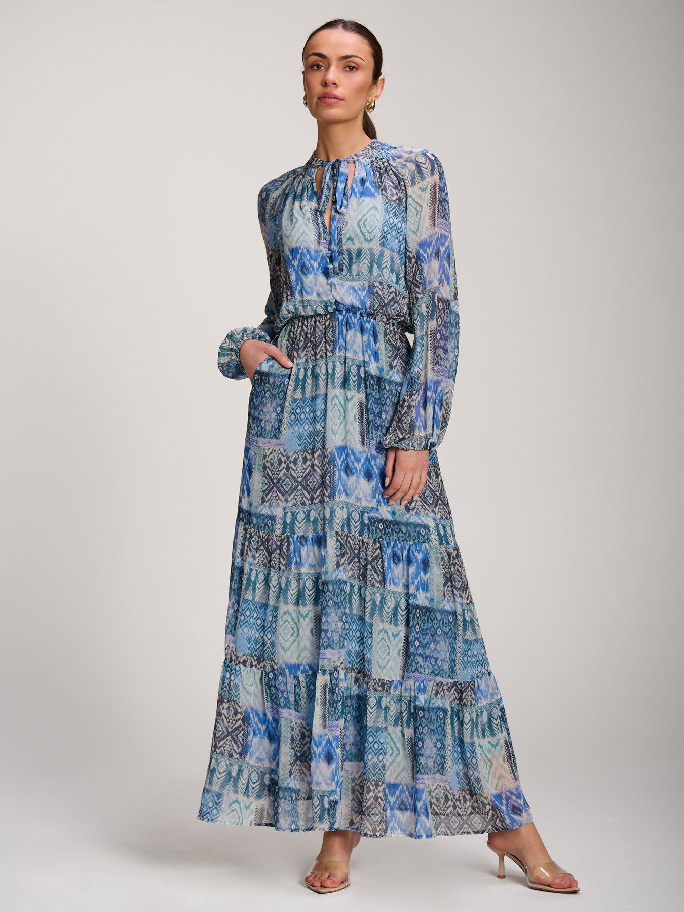 Jolie Moi Long Sleeve Chiffon Tiered Maxi Dress - Blue