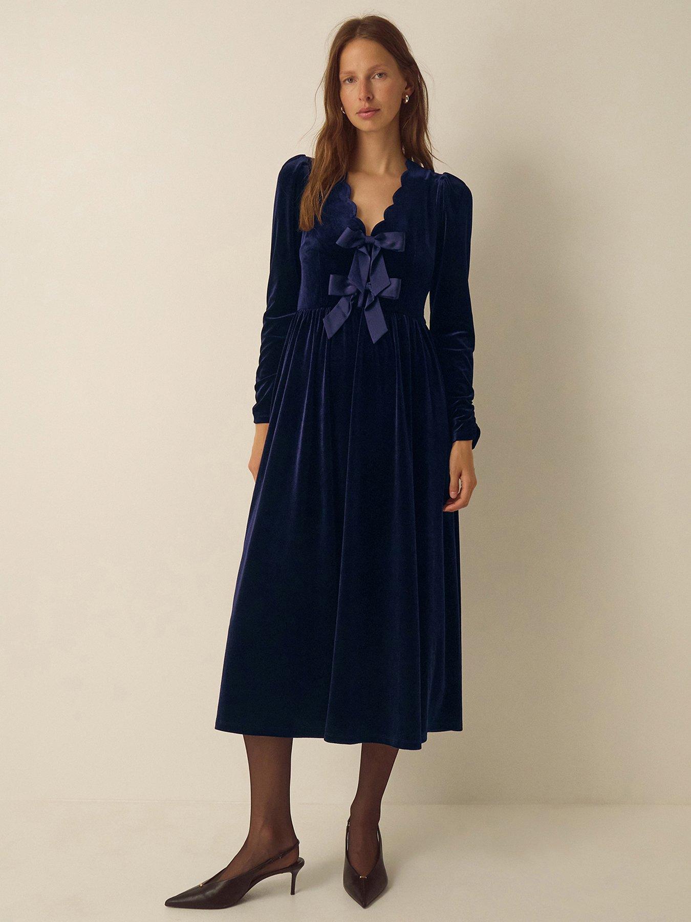 Image 1 of 6 of Monsoon Womens Britney Bow Front Velvet Midi Dress - Blue