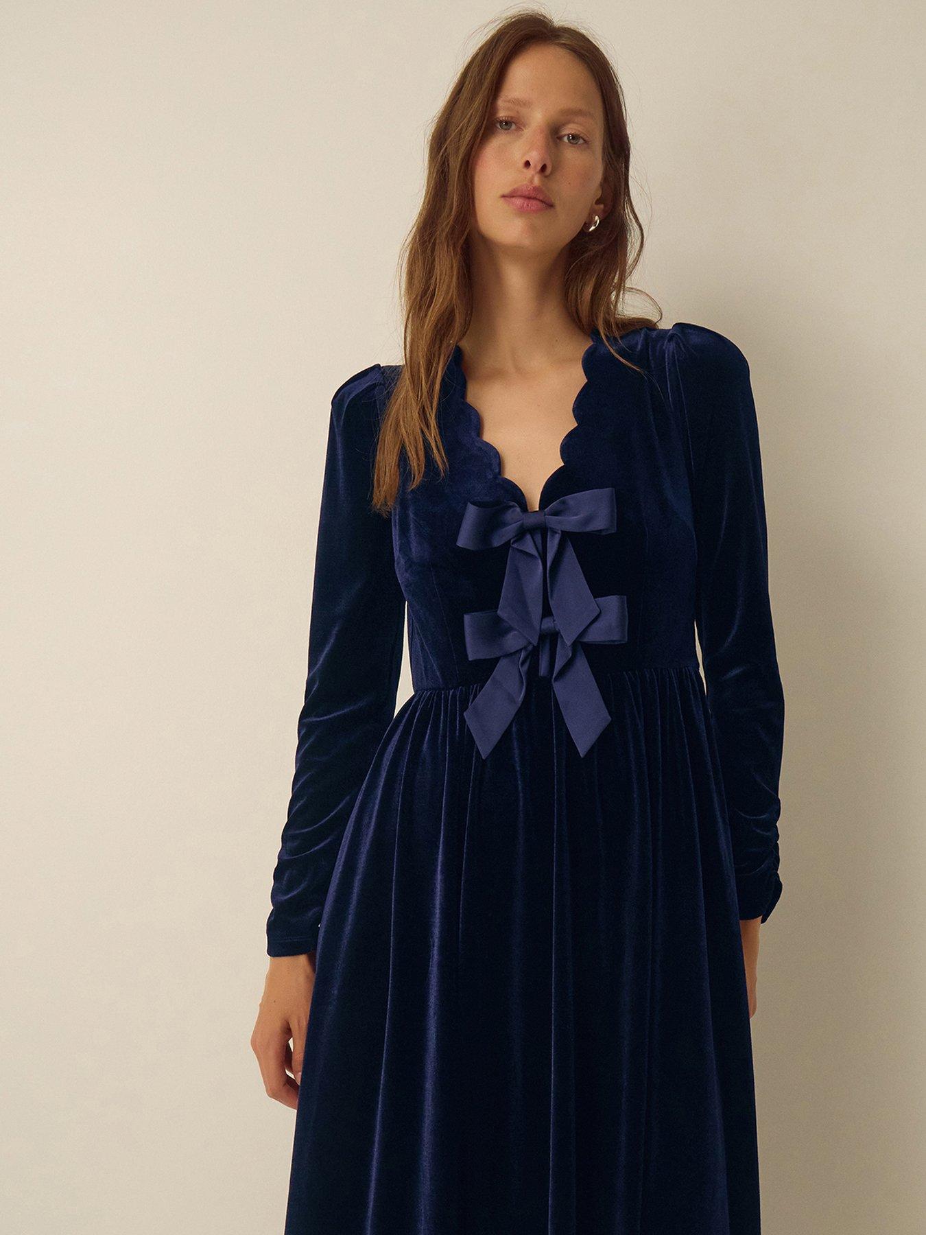 Image 2 of 6 of Monsoon Womens Britney Bow Front Velvet Midi Dress - Blue