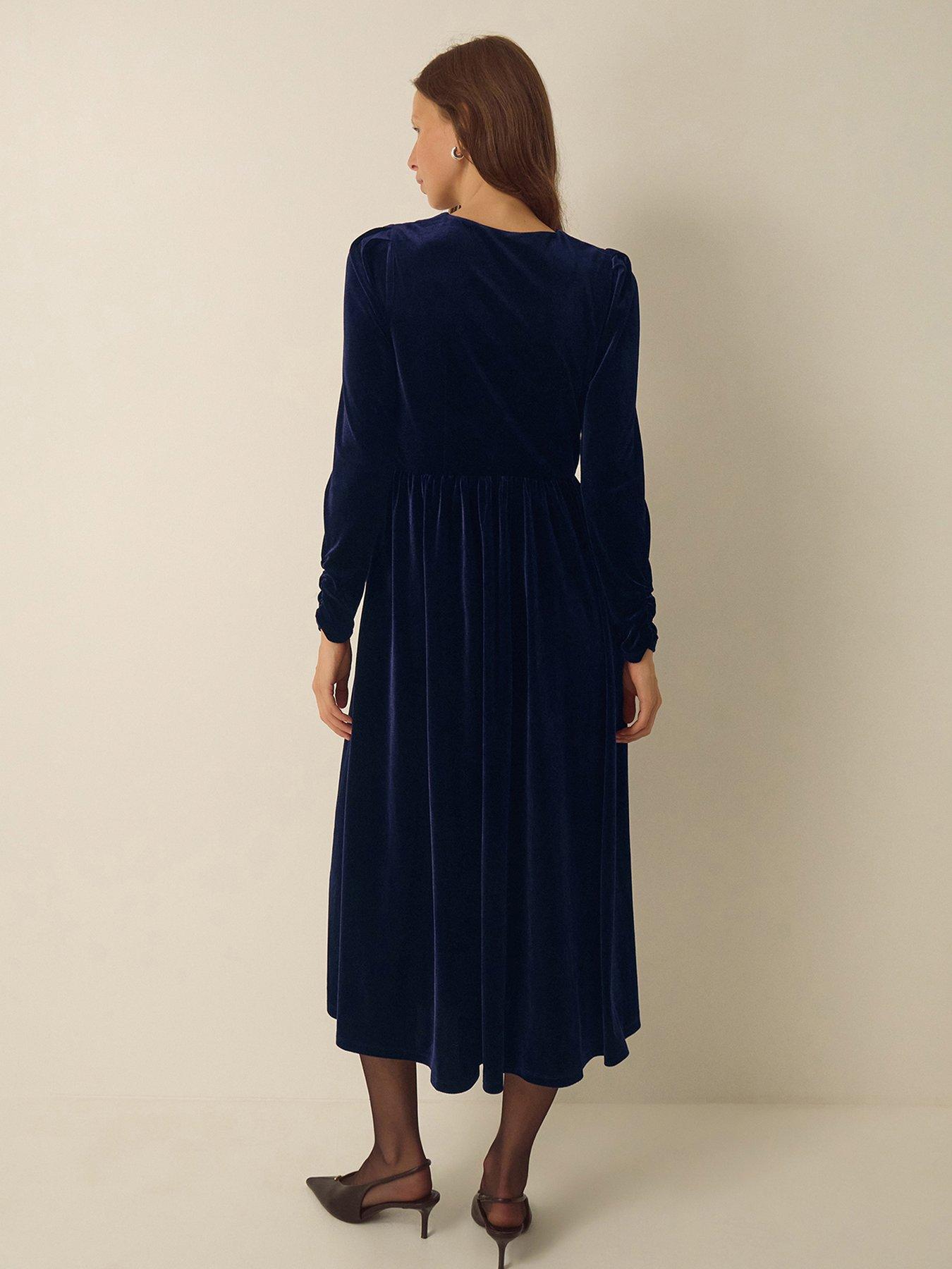 Image 3 of 6 of Monsoon Womens Britney Bow Front Velvet Midi Dress - Blue