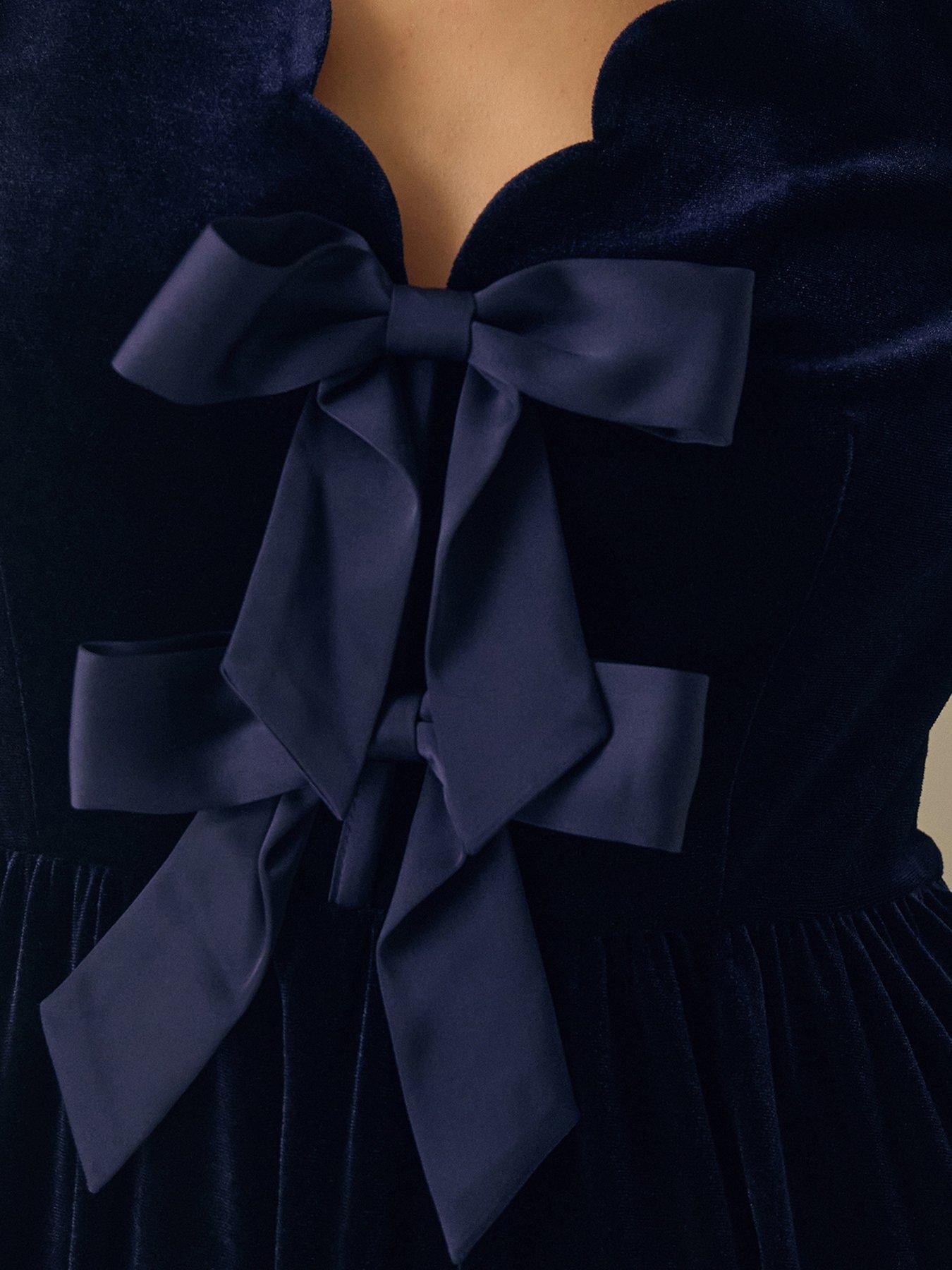 Image 4 of 6 of Monsoon Womens Britney Bow Front Velvet Midi Dress - Blue