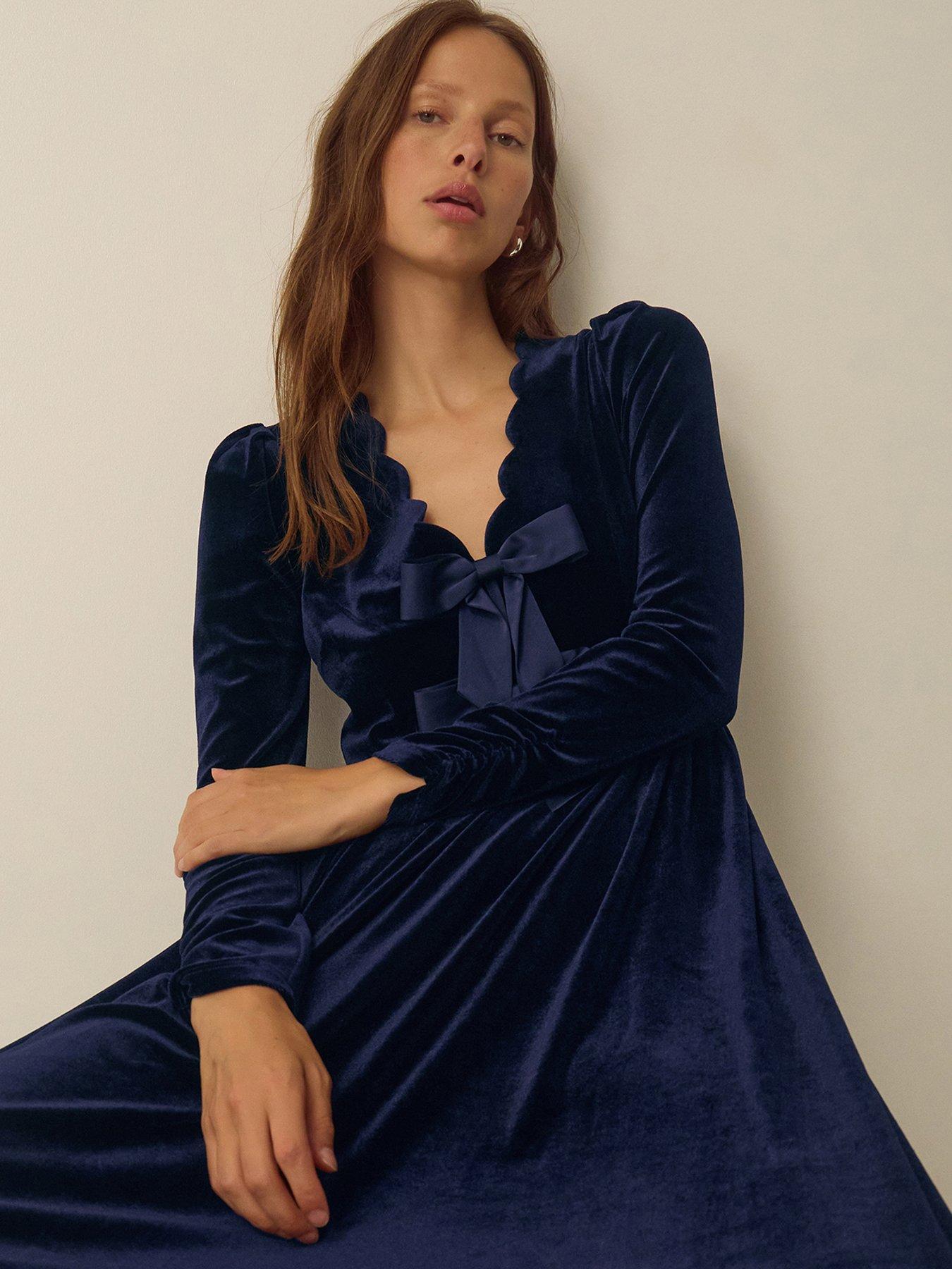 Image 5 of 6 of Monsoon Womens Britney Bow Front Velvet Midi Dress - Blue