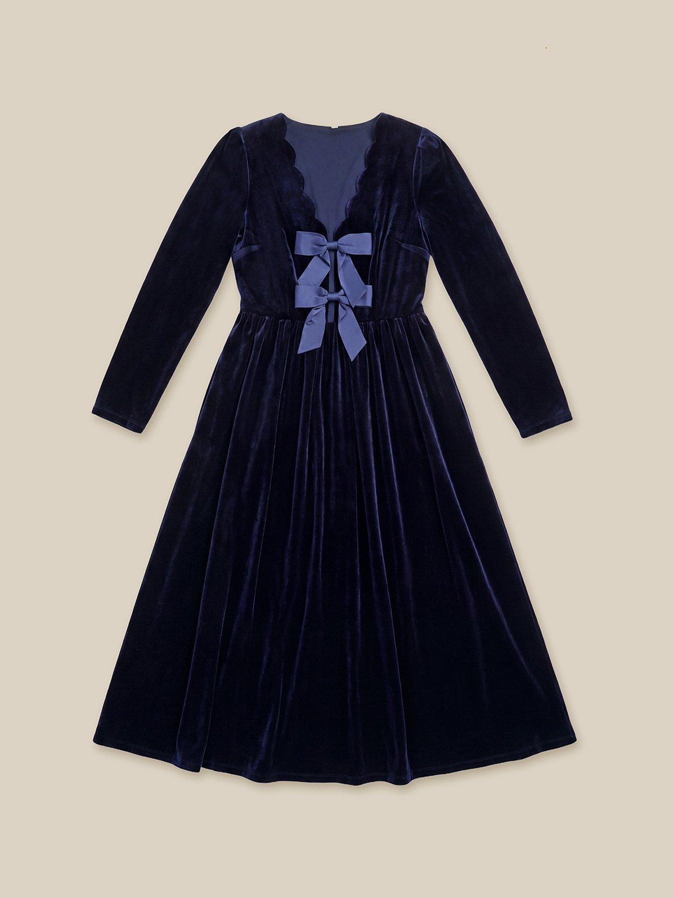 Image 6 of 6 of Monsoon Womens Britney Bow Front Velvet Midi Dress - Blue