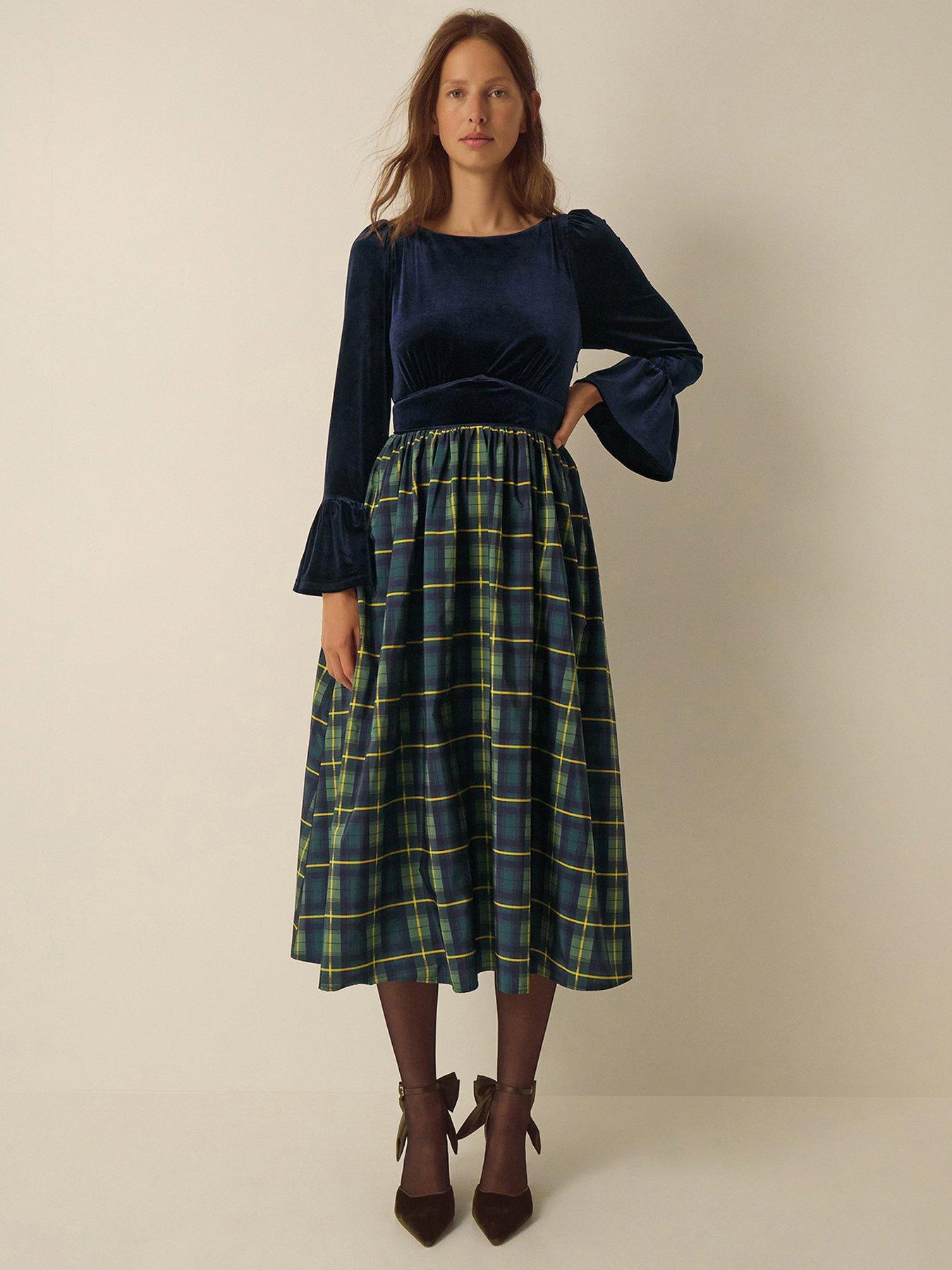 Image 1 of 5 of Monsoon Womens Viola Velvet Mix Check Midi Dress - Blue