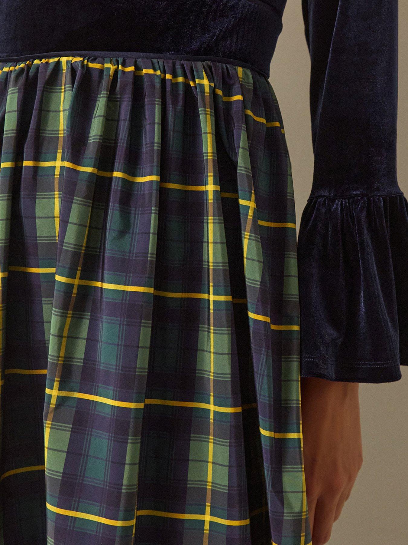Image 2 of 5 of Monsoon Womens Viola Velvet Mix Check Midi Dress - Blue