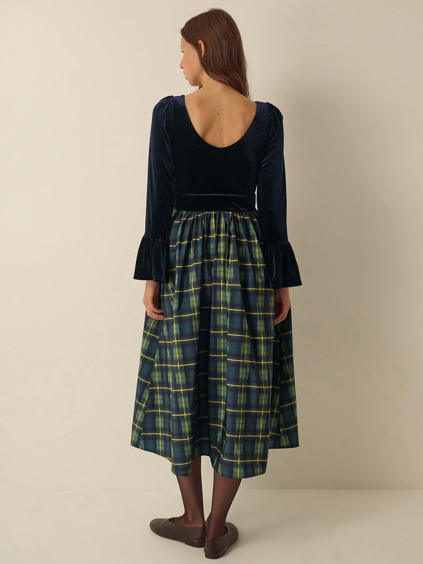 Image 3 of 5 of Monsoon Womens Viola Velvet Mix Check Midi Dress - Blue