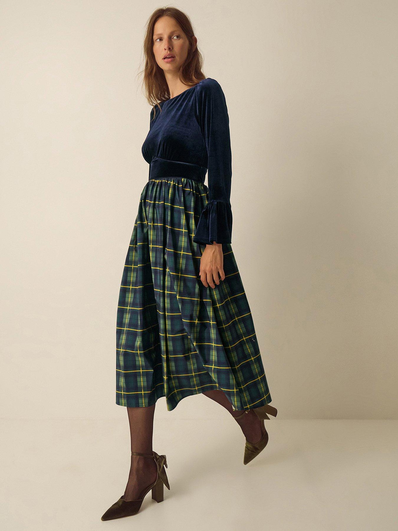 Image 4 of 5 of Monsoon Womens Viola Velvet Mix Check Midi Dress - Blue