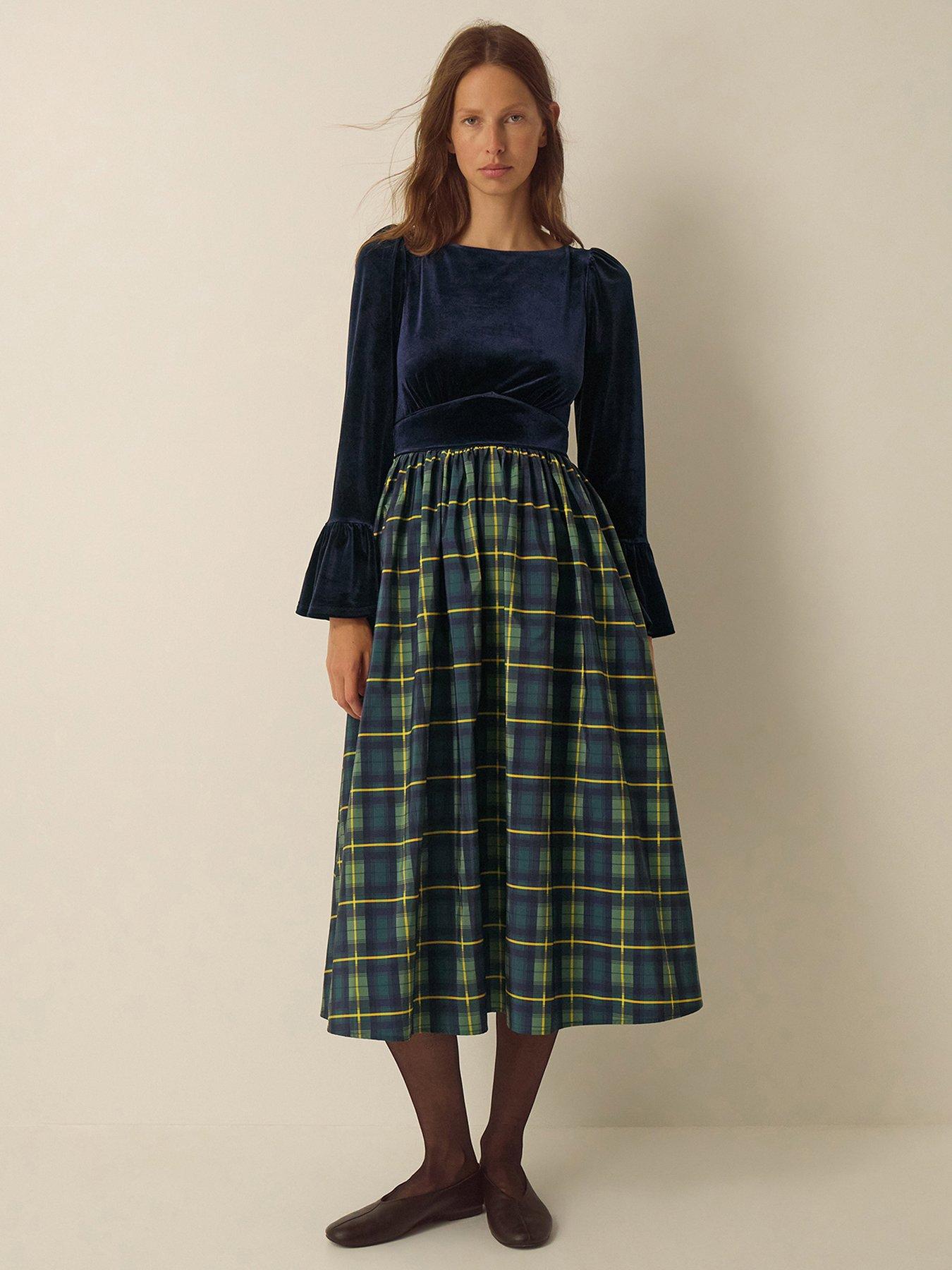 Image 5 of 5 of Monsoon Womens Viola Velvet Mix Check Midi Dress - Blue
