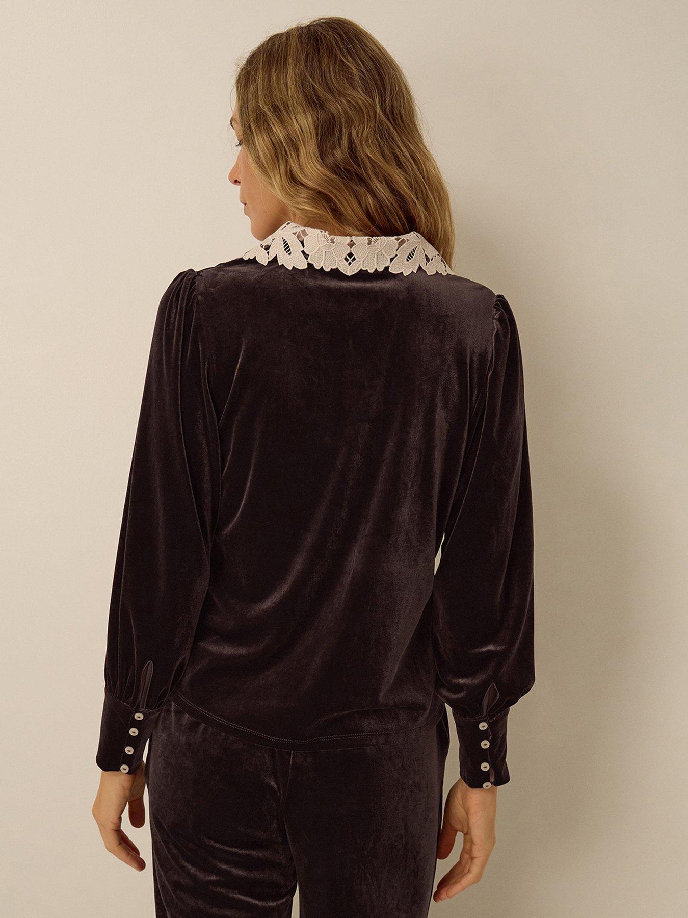 Image 2 of 4 of Monsoon Leith Velvet Lace Collar Button-Through Shirt - Brown