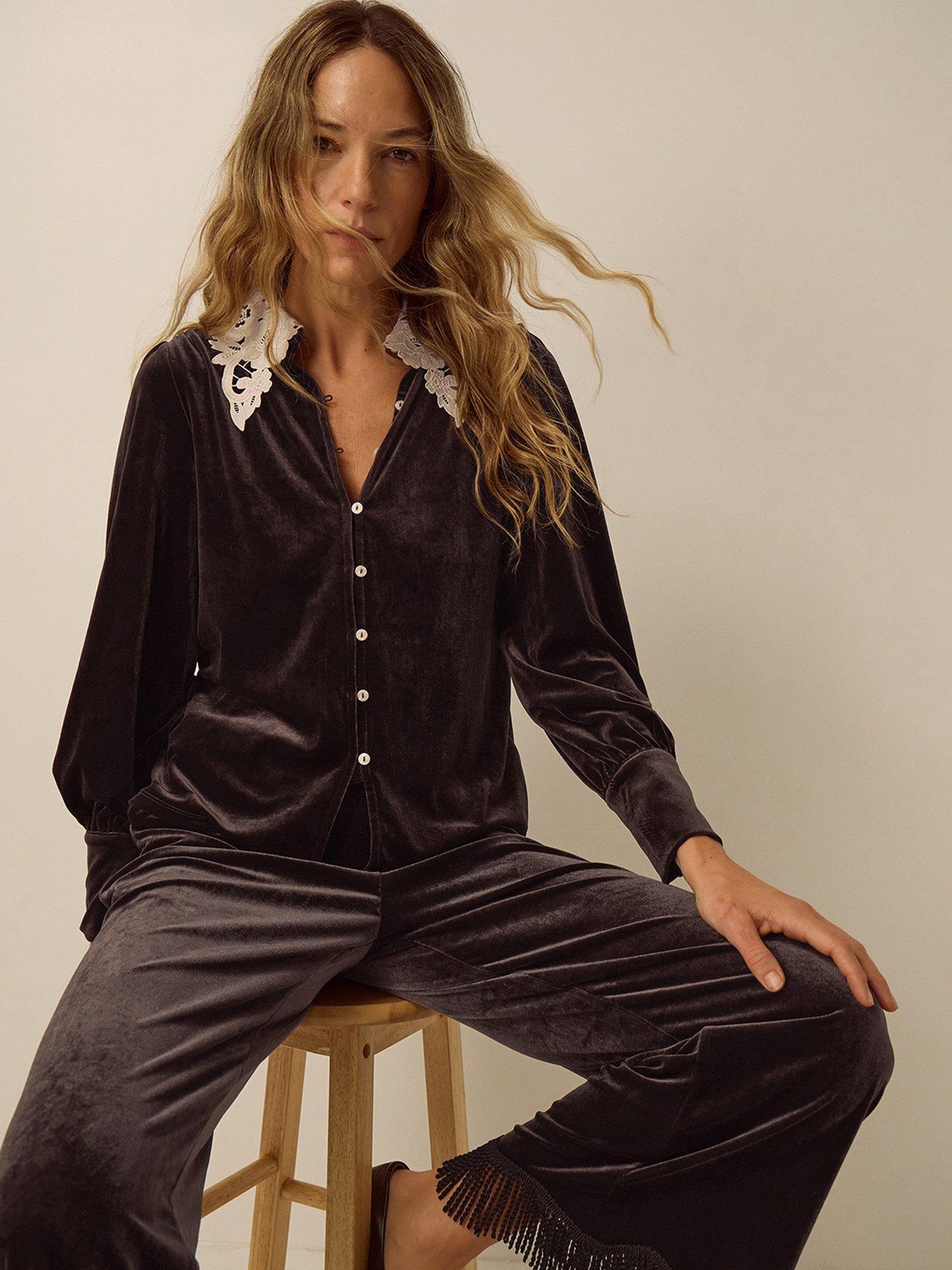 Image 3 of 4 of Monsoon Leith Velvet Lace Collar Button-Through Shirt - Brown