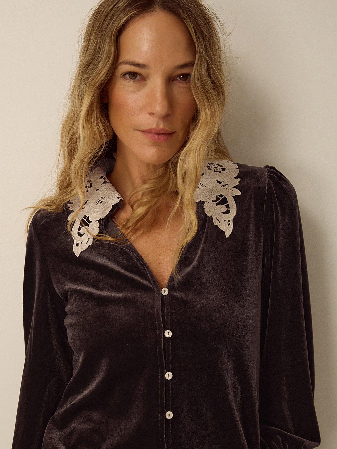 Image 4 of 4 of Monsoon Leith Velvet Lace Collar Button-Through Shirt - Brown