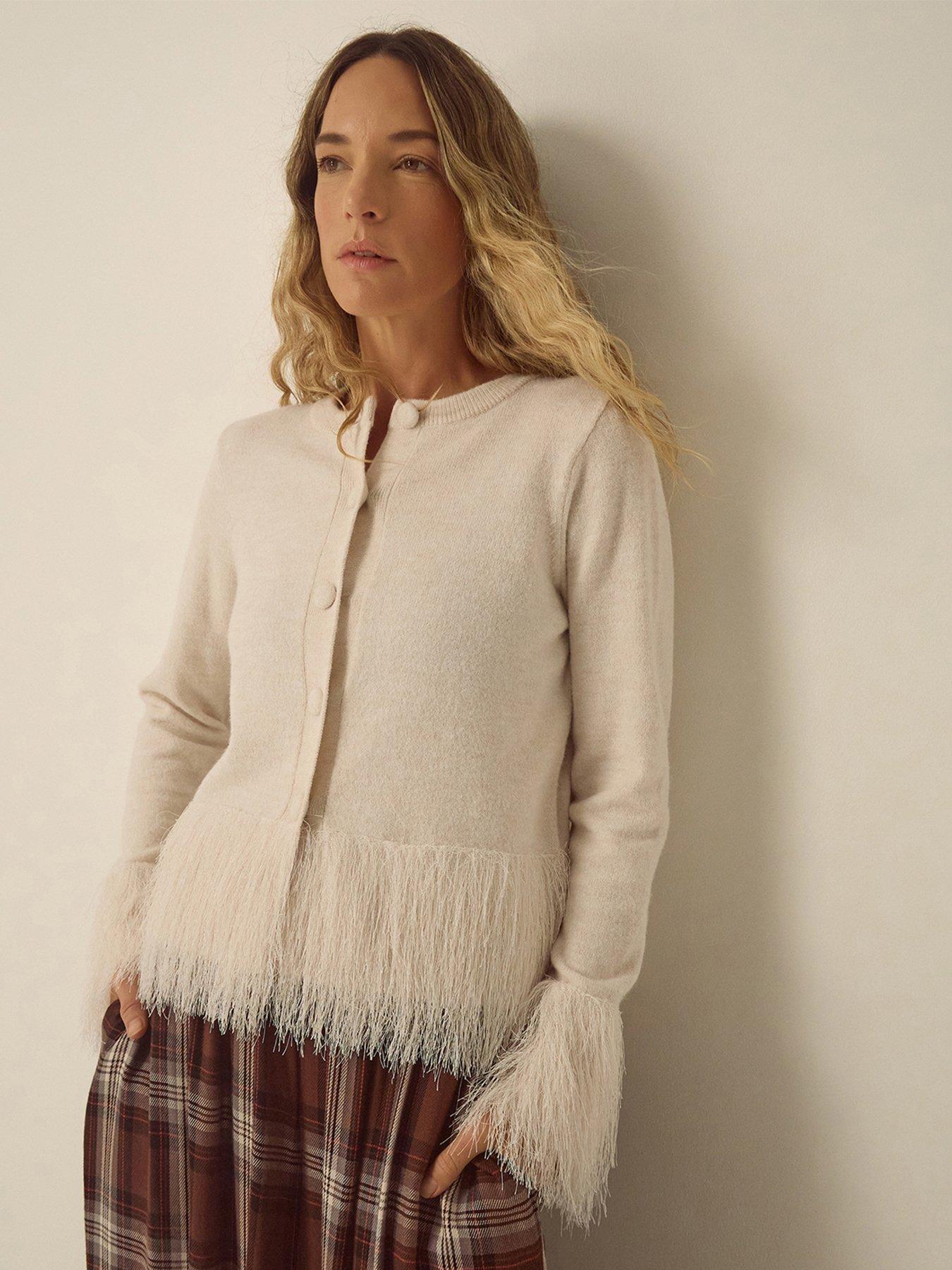Image 1 of 4 of Monsoon Womens Fina Fringe Hem Soft-Touch Button-Through Cardigan - Cream