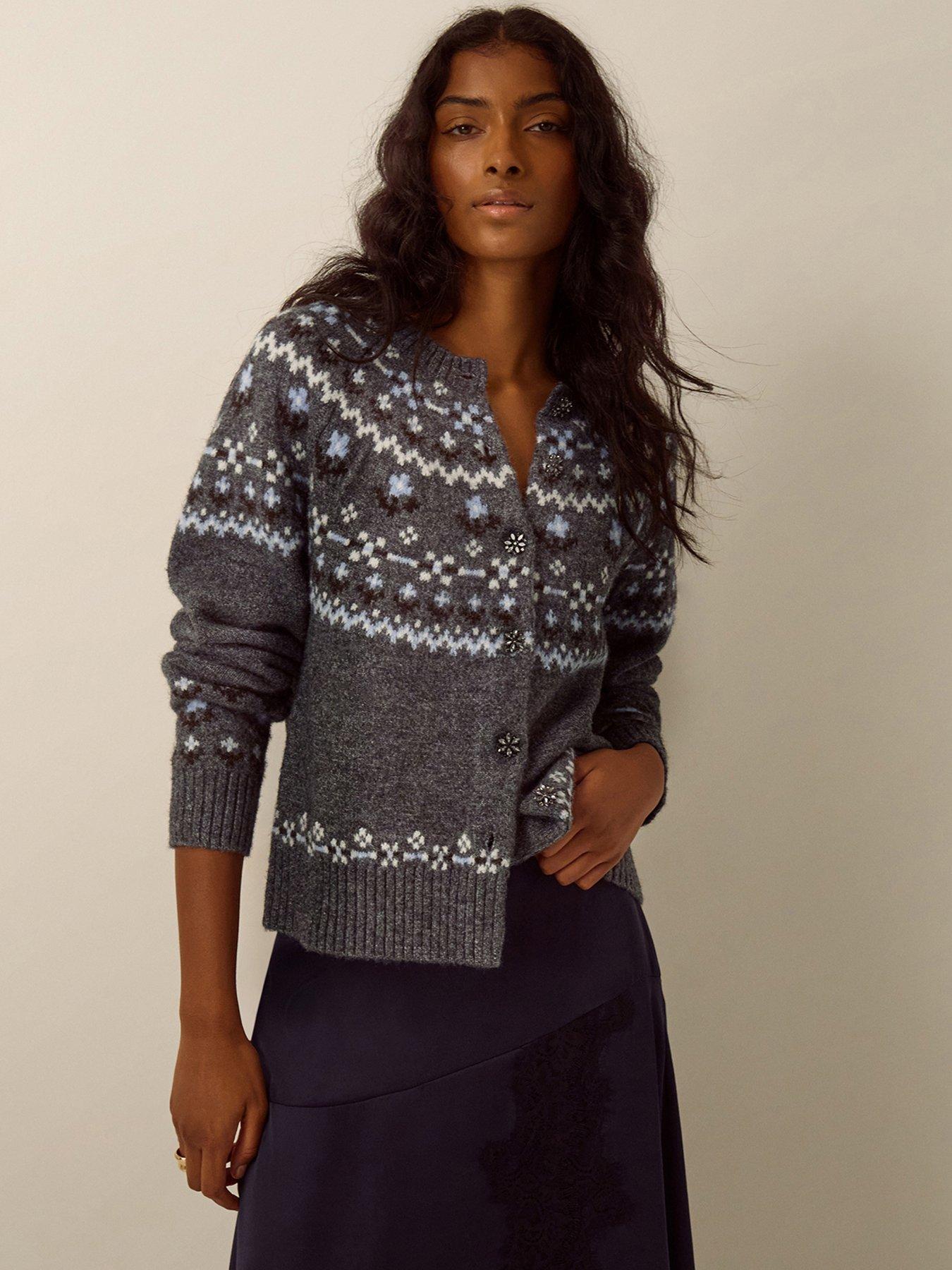 Image 1 of 4 of Monsoon Womens Fleur Fairisle Jewel Button Crew Neck Cardigan - Grey