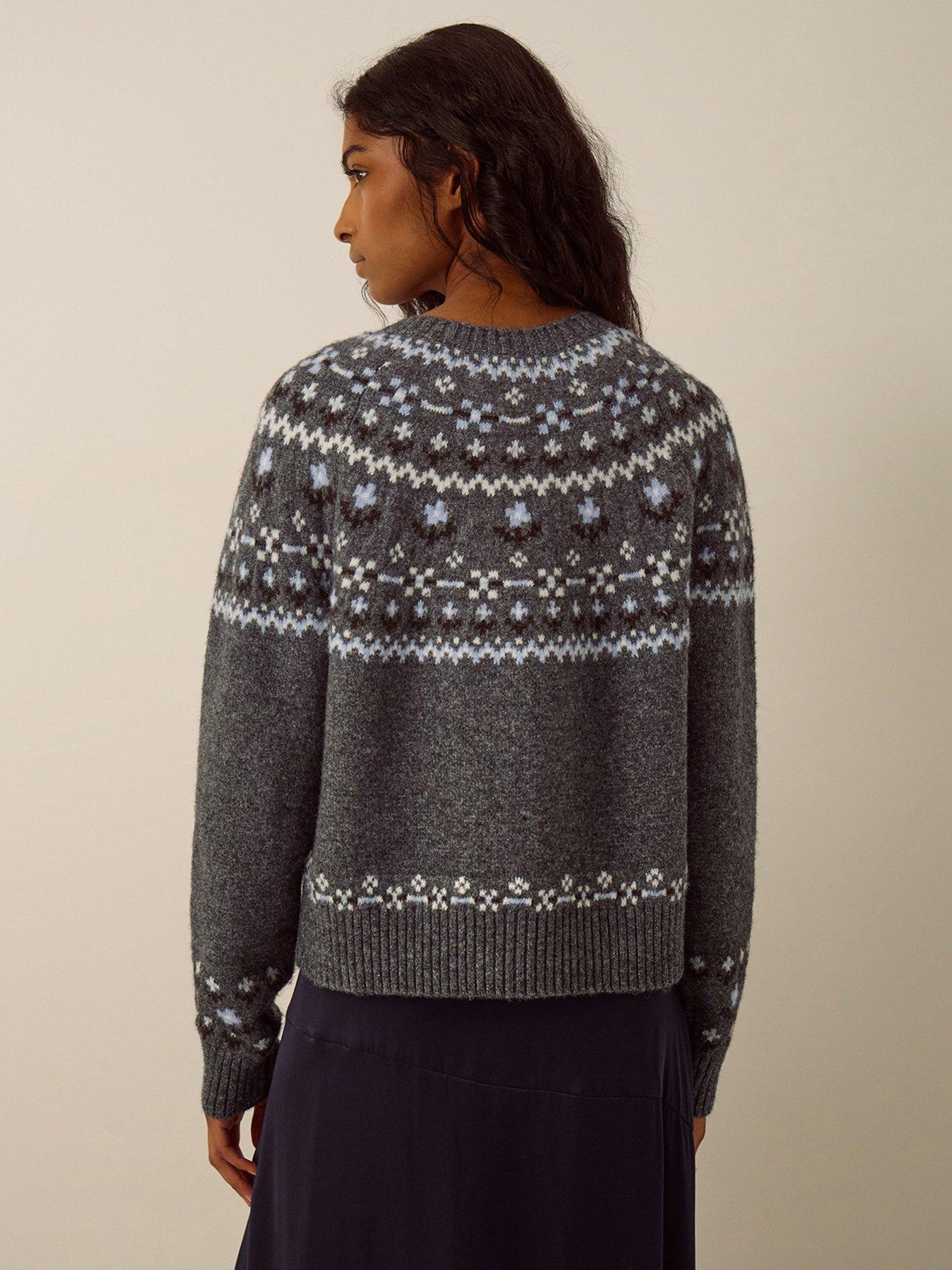 Image 2 of 4 of Monsoon Womens Fleur Fairisle Jewel Button Crew Neck Cardigan - Grey