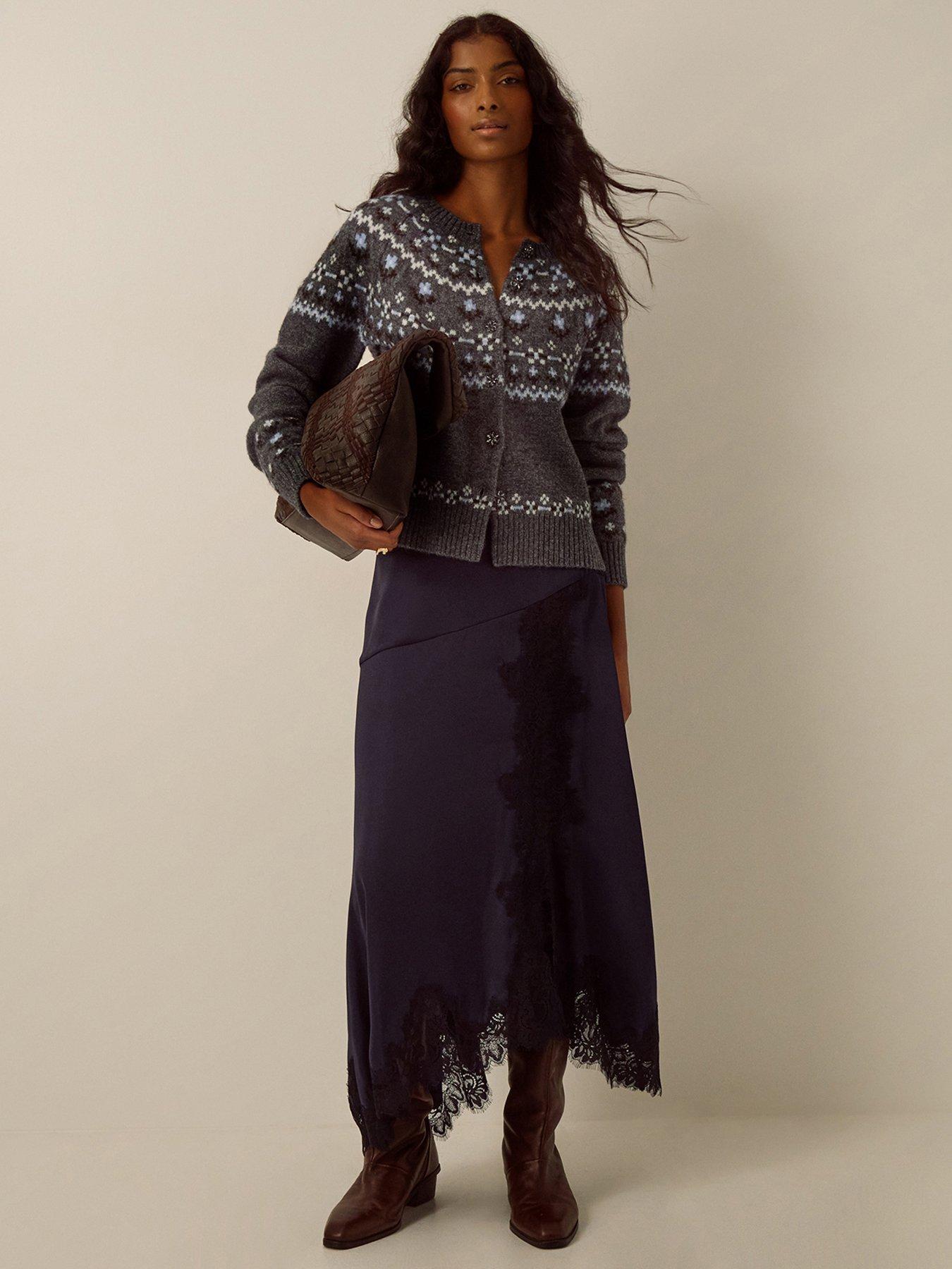 Image 3 of 4 of Monsoon Womens Fleur Fairisle Jewel Button Crew Neck Cardigan - Grey