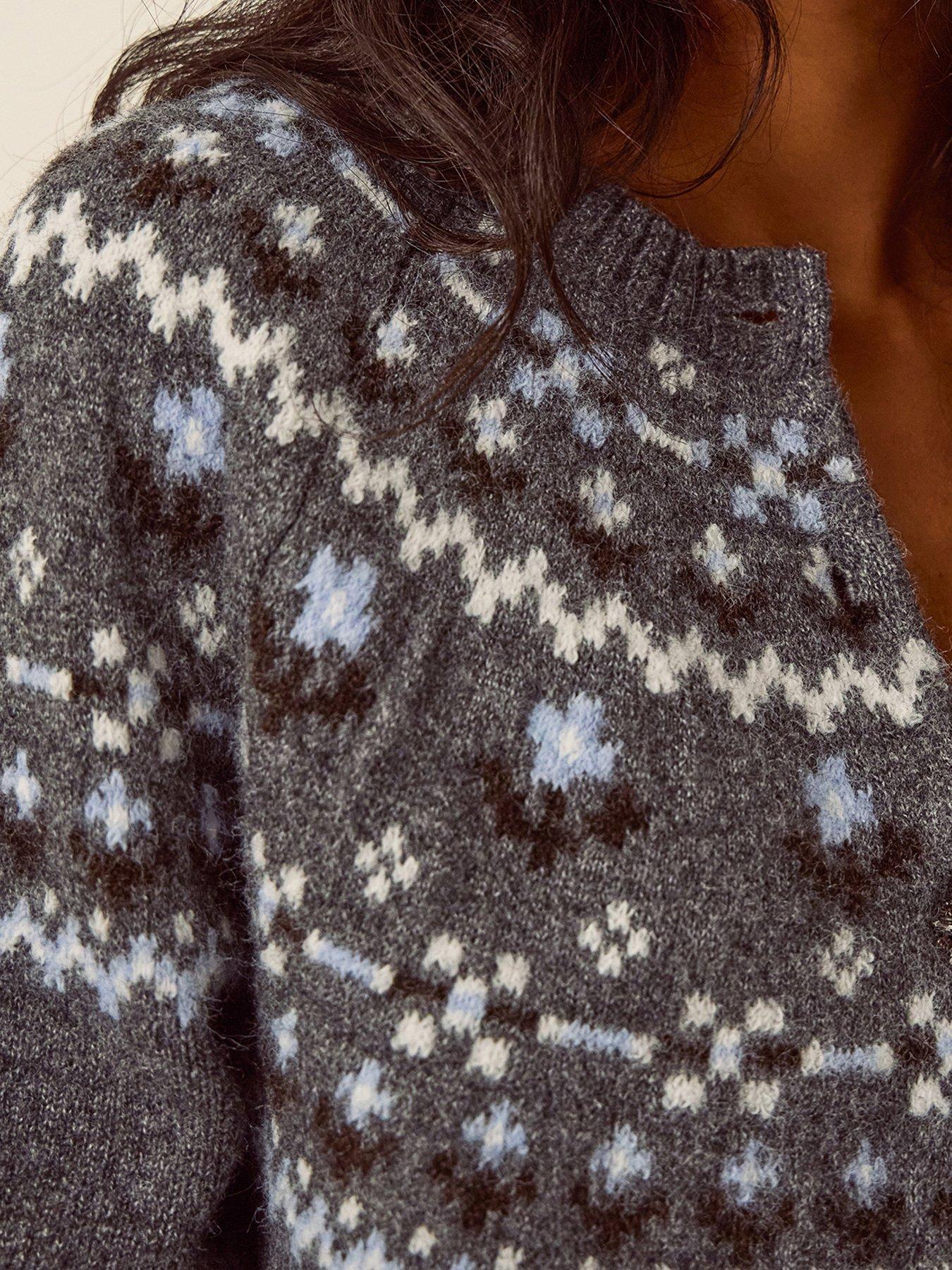 Image 4 of 4 of Monsoon Womens Fleur Fairisle Jewel Button Crew Neck Cardigan - Grey