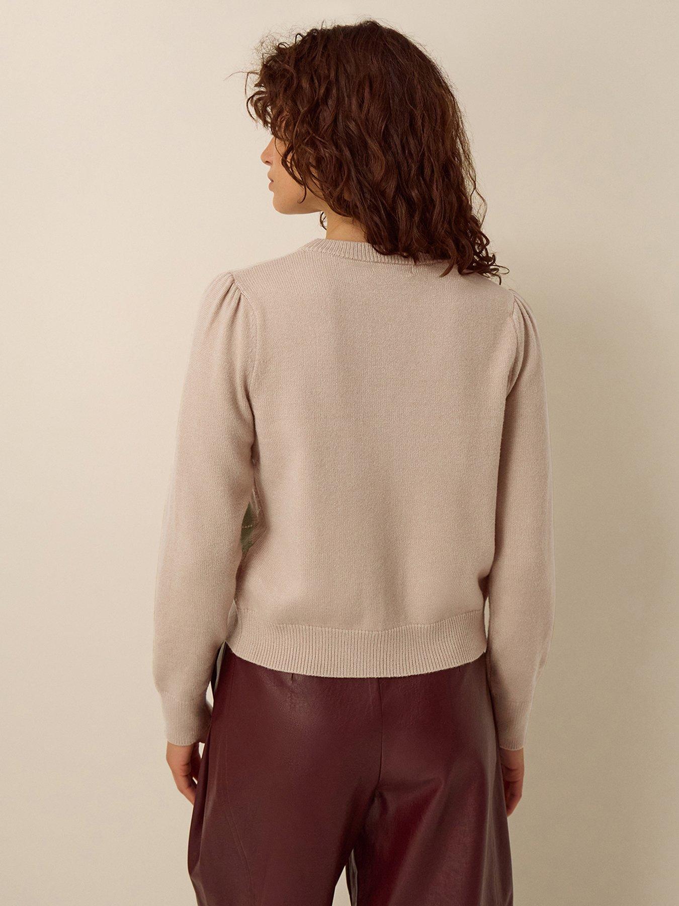 Image 2 of 4 of Monsoon Womens Alba Argyle Button-Through Puff Shoulder Cardigan - Brown