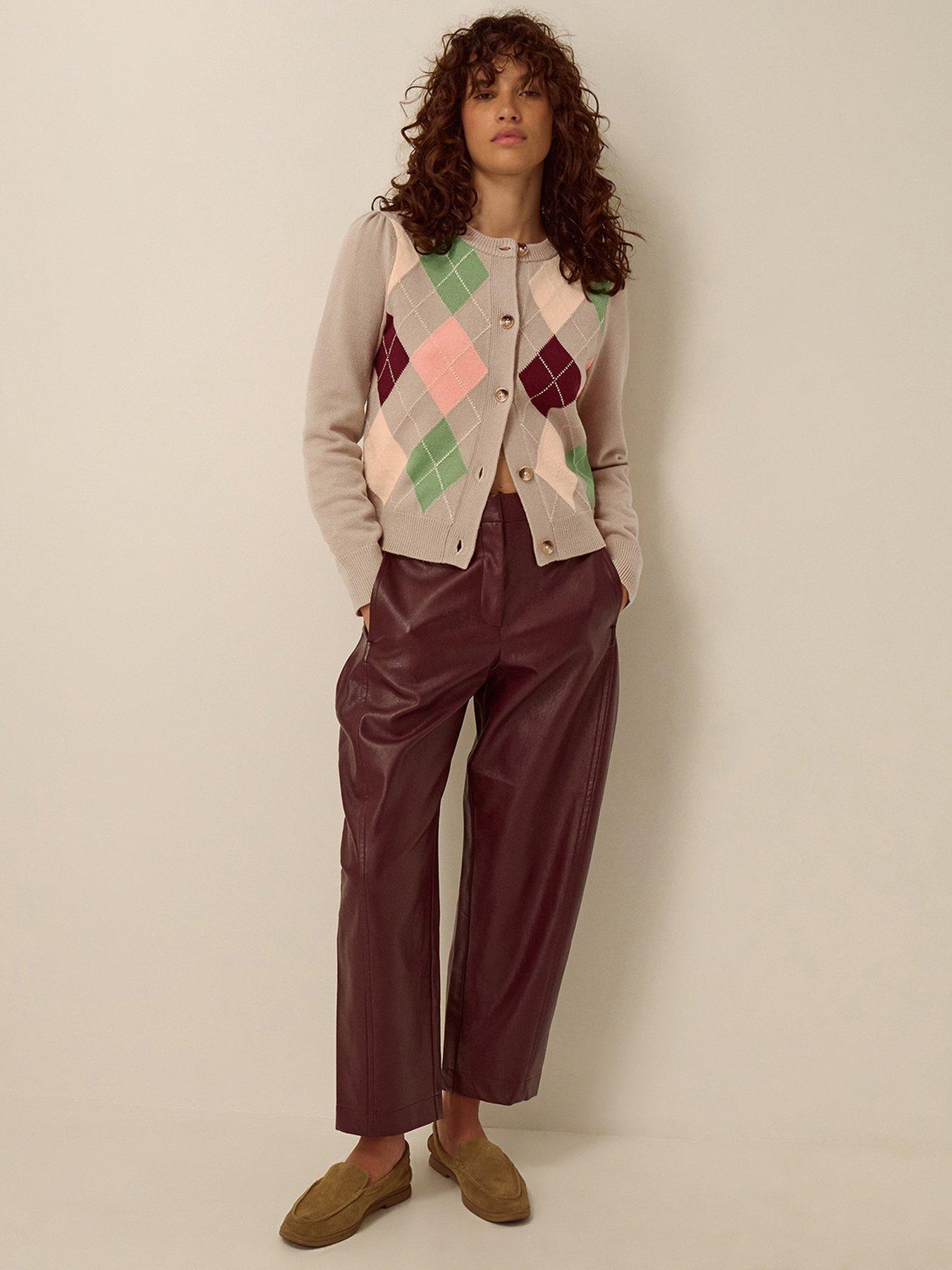 Image 3 of 4 of Monsoon Womens Alba Argyle Button-Through Puff Shoulder Cardigan - Brown