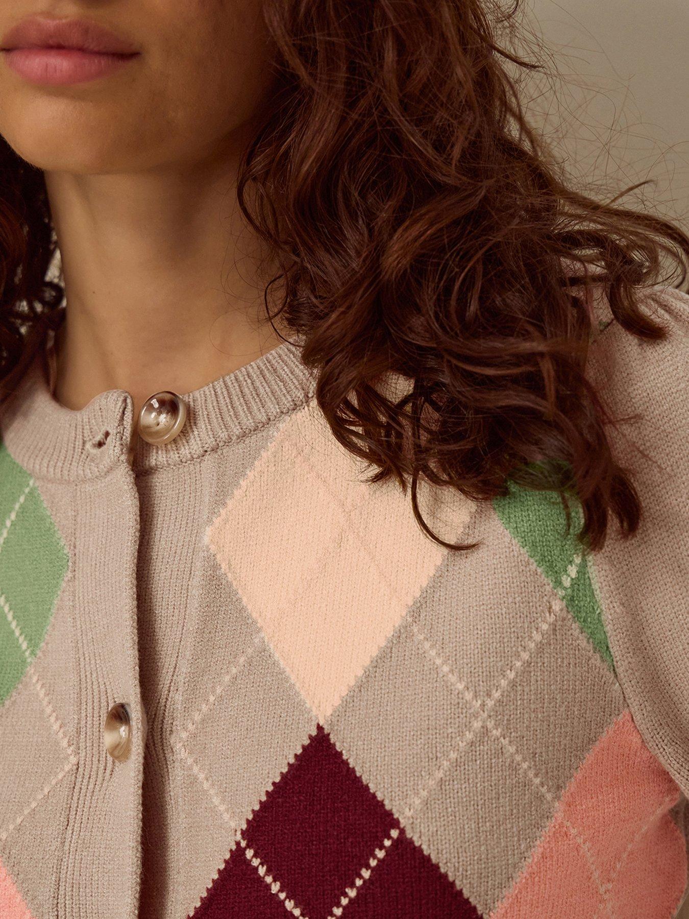 Image 4 of 4 of Monsoon Womens Alba Argyle Button-Through Puff Shoulder Cardigan - Brown