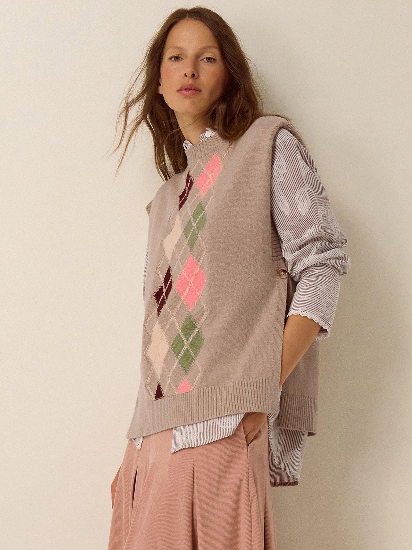 Image 1 of 4 of Monsoon Womens Argyle Sleeveless Side Button Vest - Brown