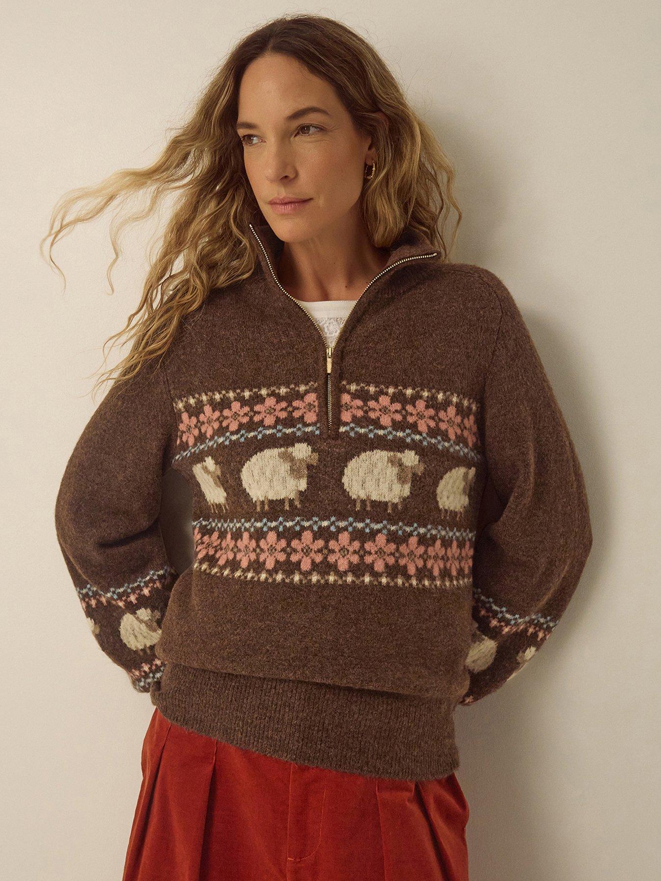 Image 1 of 4 of Monsoon Womens Shona Fairisle Sheep Half-Zip Jumper - Brown