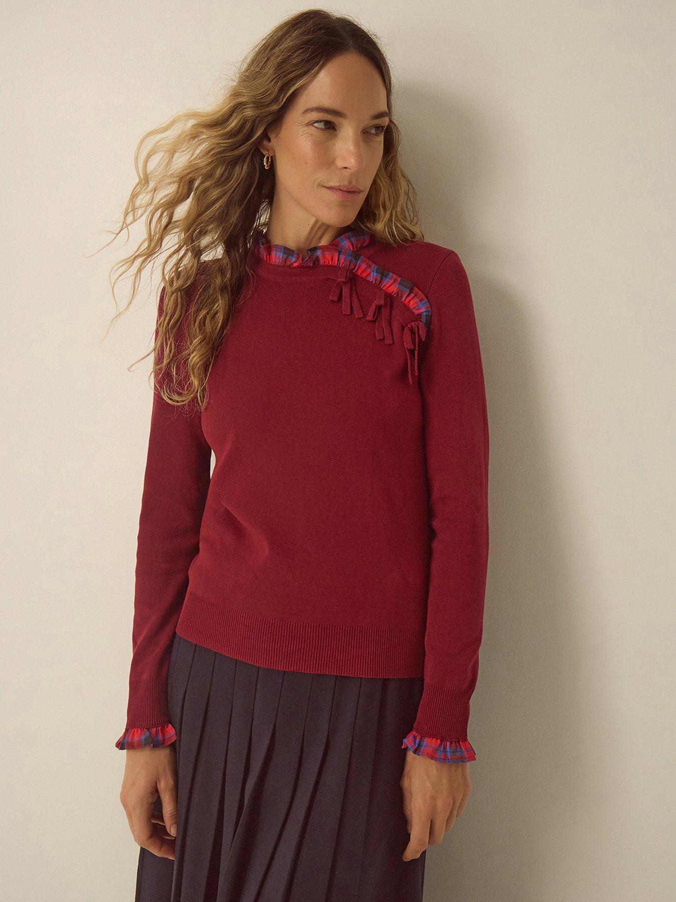 Image 1 of 4 of Monsoon Womens Cleo Check Ruffle Trim Tie Neck Jumper - Red