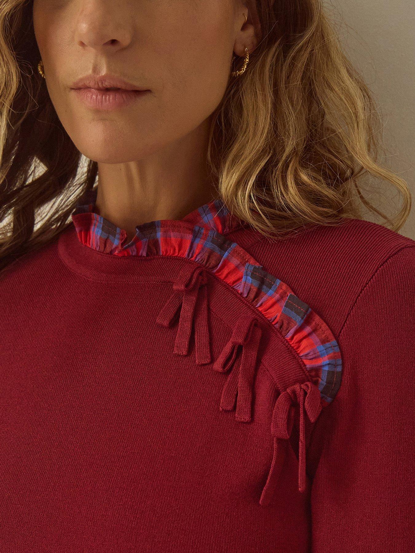 Image 2 of 4 of Monsoon Womens Cleo Check Ruffle Trim Tie Neck Jumper - Red