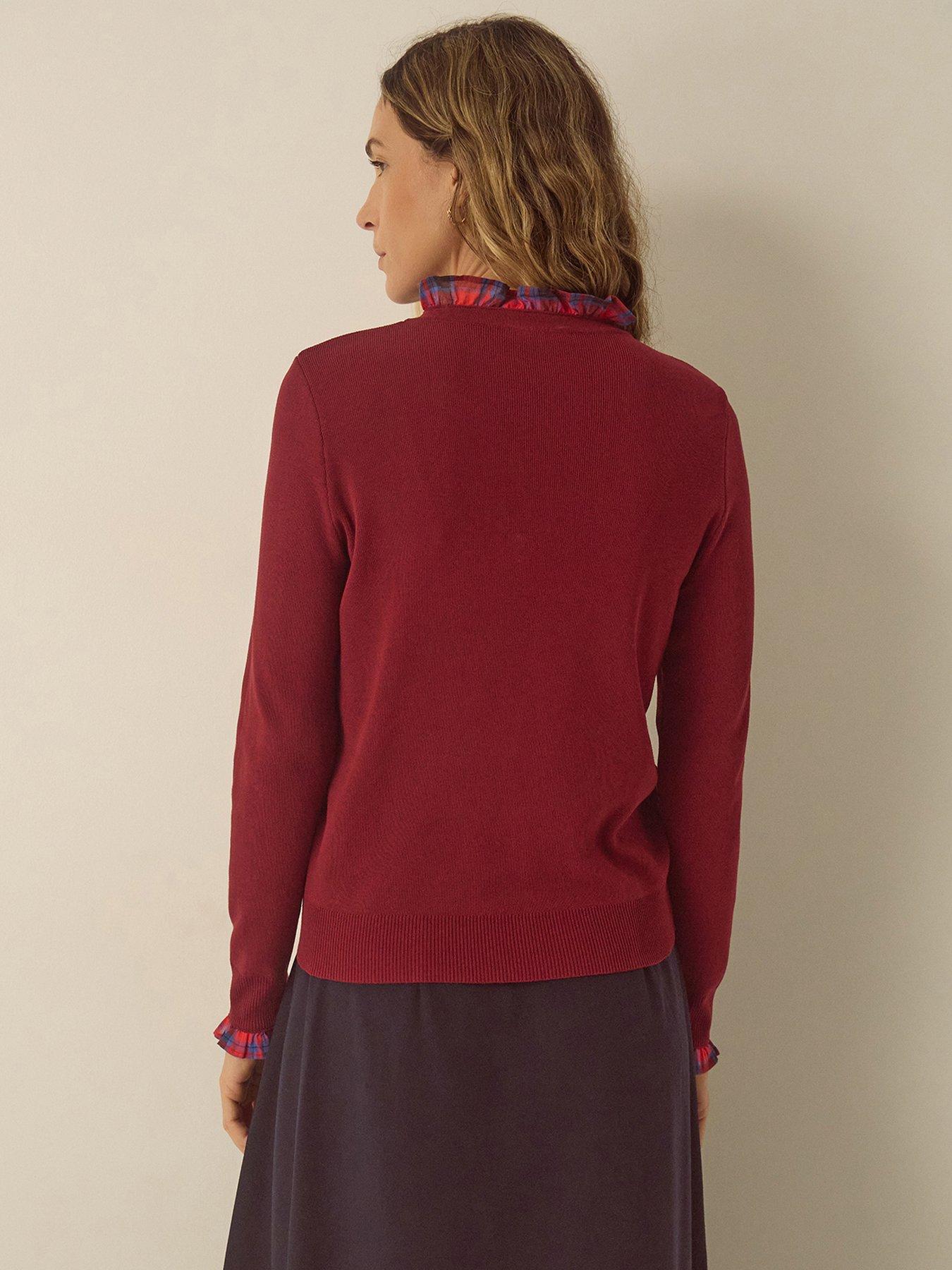 Image 3 of 4 of Monsoon Womens Cleo Check Ruffle Trim Tie Neck Jumper - Red