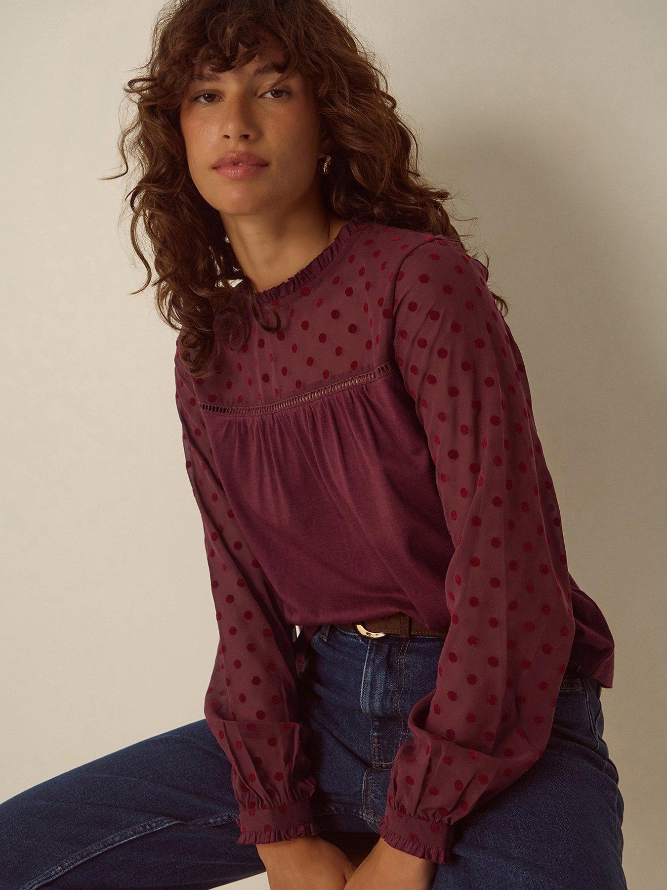 Image 1 of 5 of Monsoon Womens Diana Devore Polka Dot Mesh Frill Neck Blouse - Red