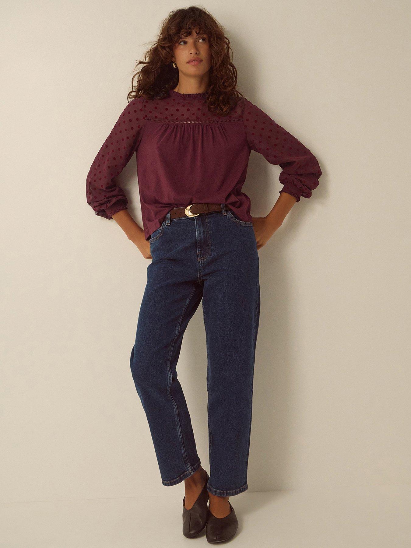 Image 2 of 5 of Monsoon Womens Diana Devore Polka Dot Mesh Frill Neck Blouse - Red