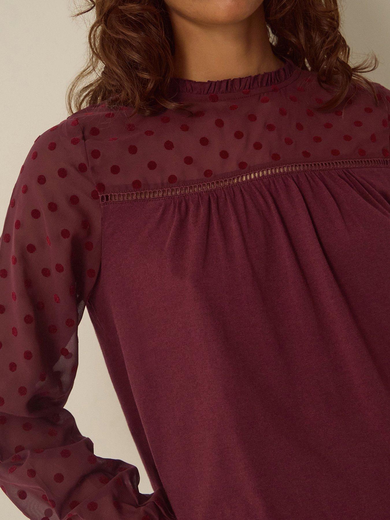 Image 3 of 5 of Monsoon Womens Diana Devore Polka Dot Mesh Frill Neck Blouse - Red
