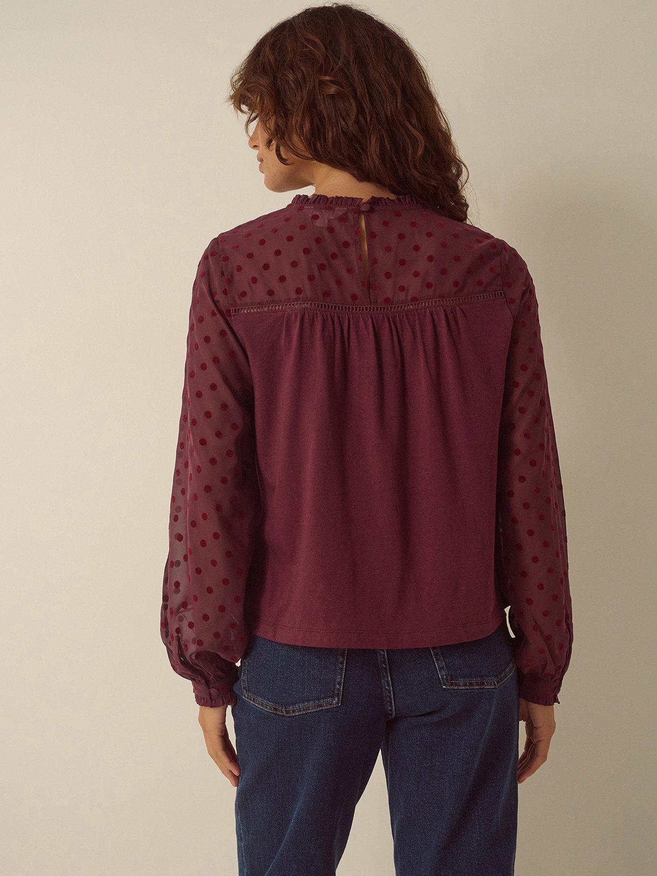 Image 4 of 5 of Monsoon Womens Diana Devore Polka Dot Mesh Frill Neck Blouse - Red